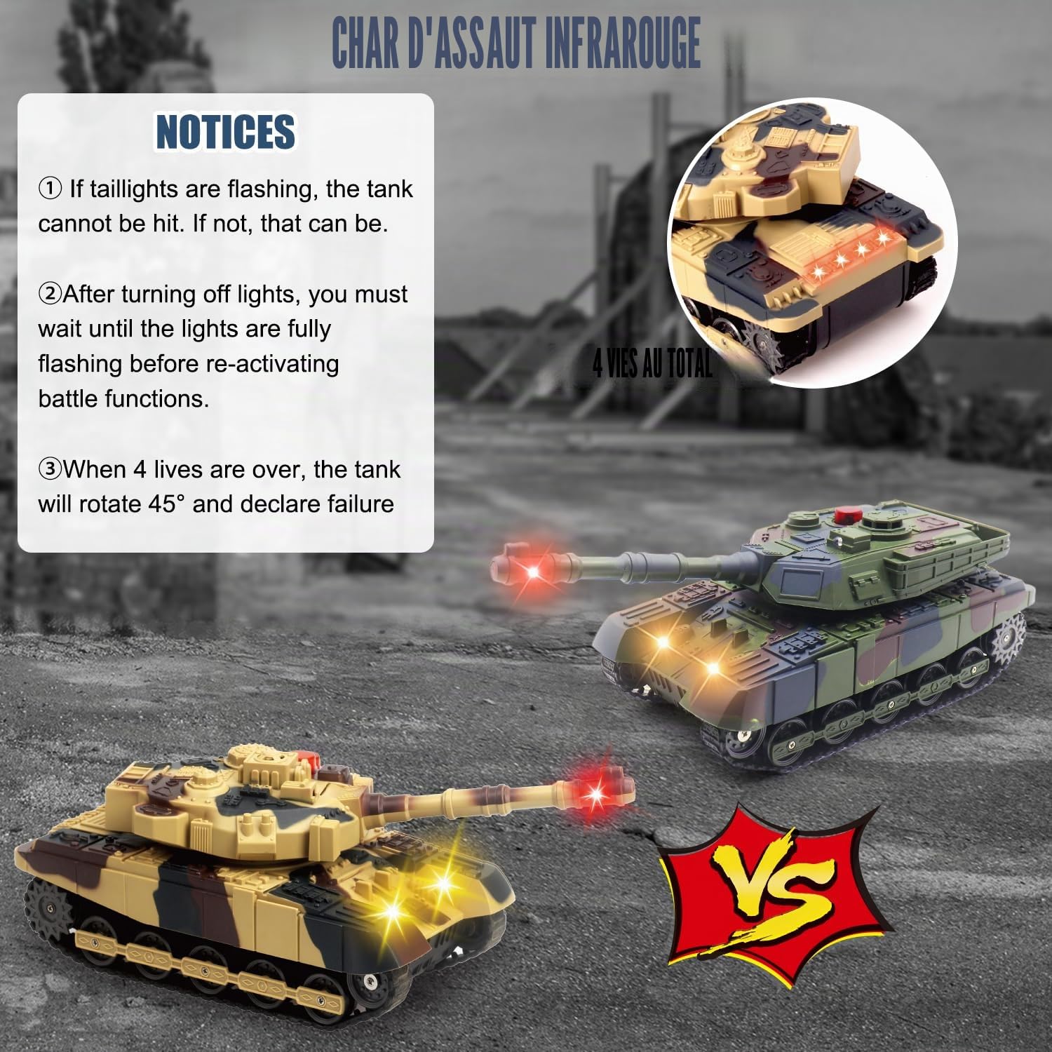 Char RC télécommandé avec fonction de tir infrarouge - 2,4 GHz - Tank de combat militaire - Jouet avec tour rotative à 360° - Lumière sonore - Modèle de véhicule militaire - Cadeau pour enfants