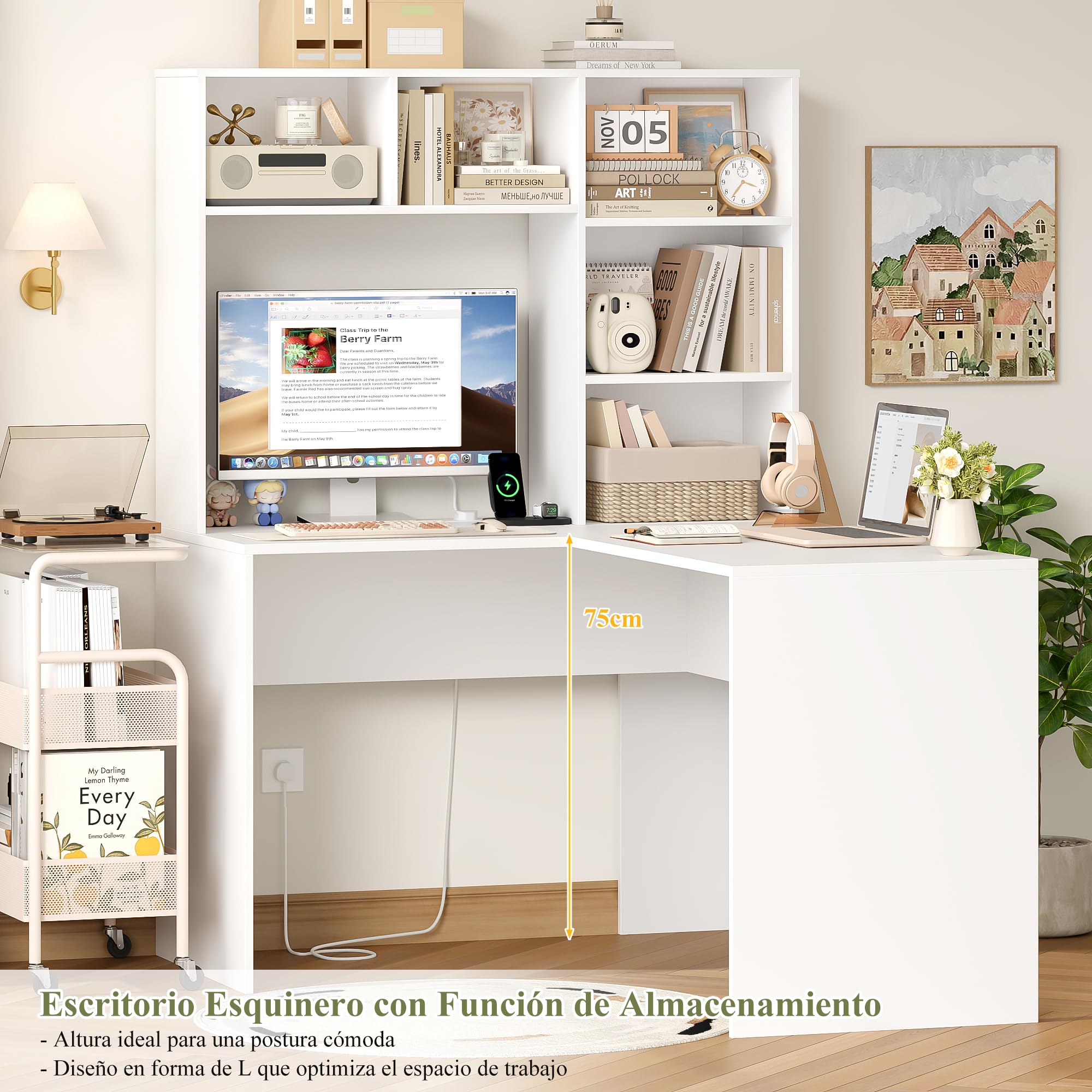 FirFurd Escritorio Esquinero con Estantería, Escritorio Juvenil, Mesa Ordenador en Forma de L, con Regleta, Mesa para Estudio, Dormitorio, Oficina, Blanco