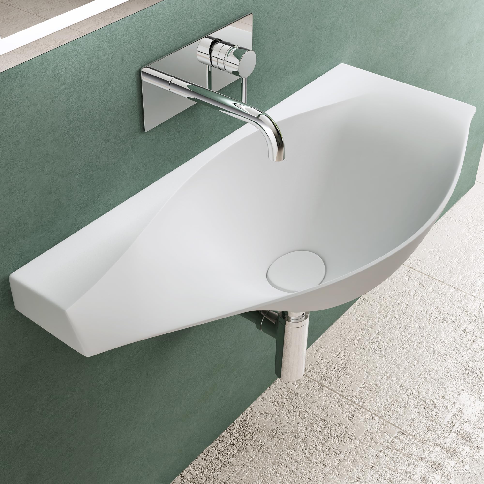 Mai & Mai Lavabo Suspendido 80x37x22 cm – Blanco Mate, Mármol Fundido, sin Orificio para Grifo, con Tapa de Desagüe, Col816