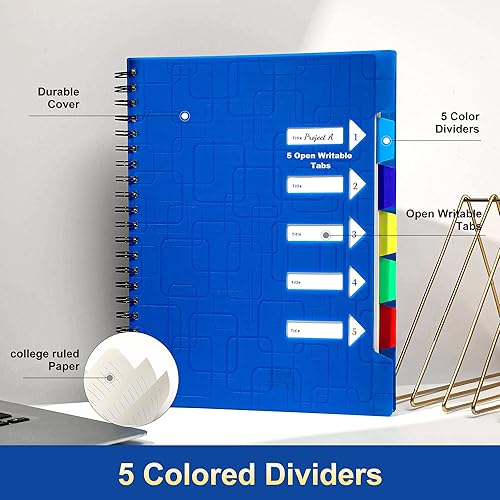 Miniatura 3 de CAGIE Cuaderno de 5 asignaturas con pestañas de 8.5 x 11, rayado universitario, 240 páginas, cuaderno grande en espiral con divisores, cuadernos A4