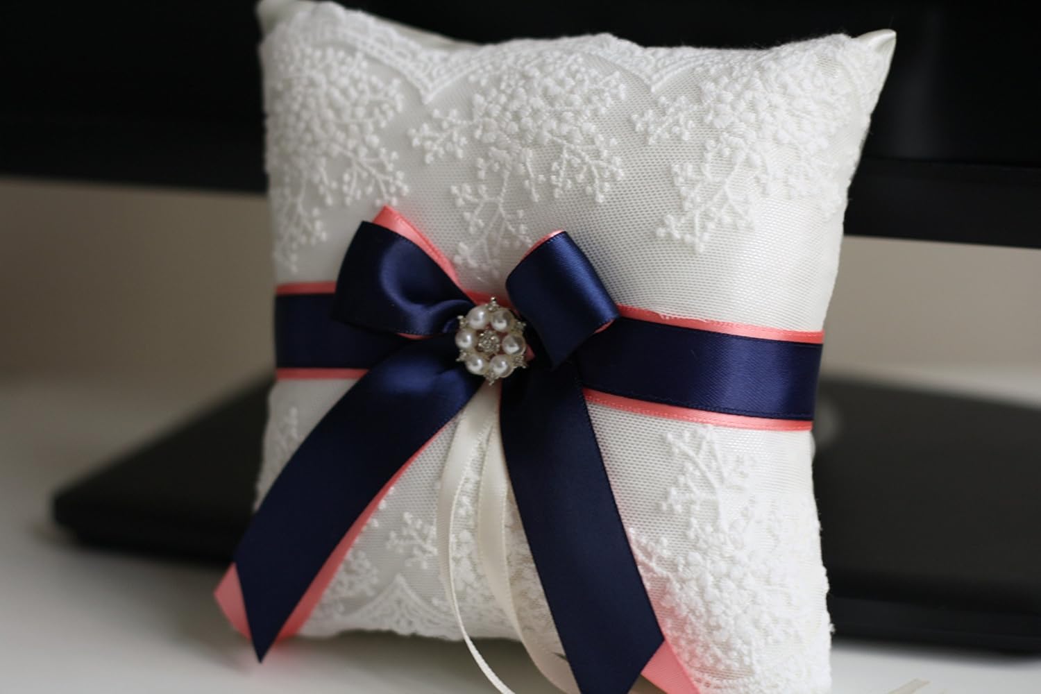 Coral Navy Flower Girl Basket & Ring Bearer Pillow Wedding Accessories Set