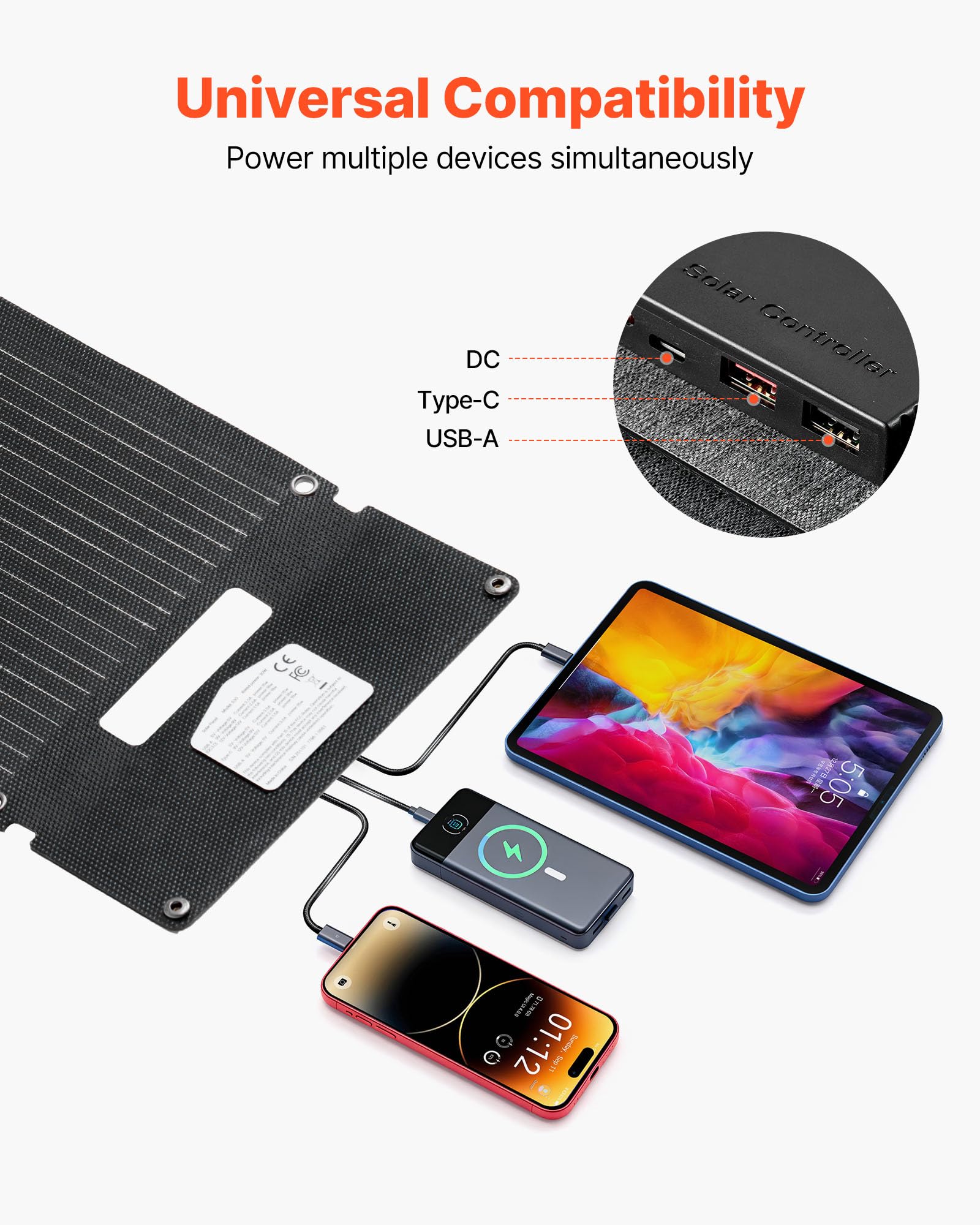VEVOR Placa Solar Plegable 30W, Panel Solar Monocristalino Portátil, 3 Puertos USB-A y USB-C, IP65 Impermeable, Cargador para Tablets Móviles Power Bank, Energía para Camping Senderismo Autocaravanas