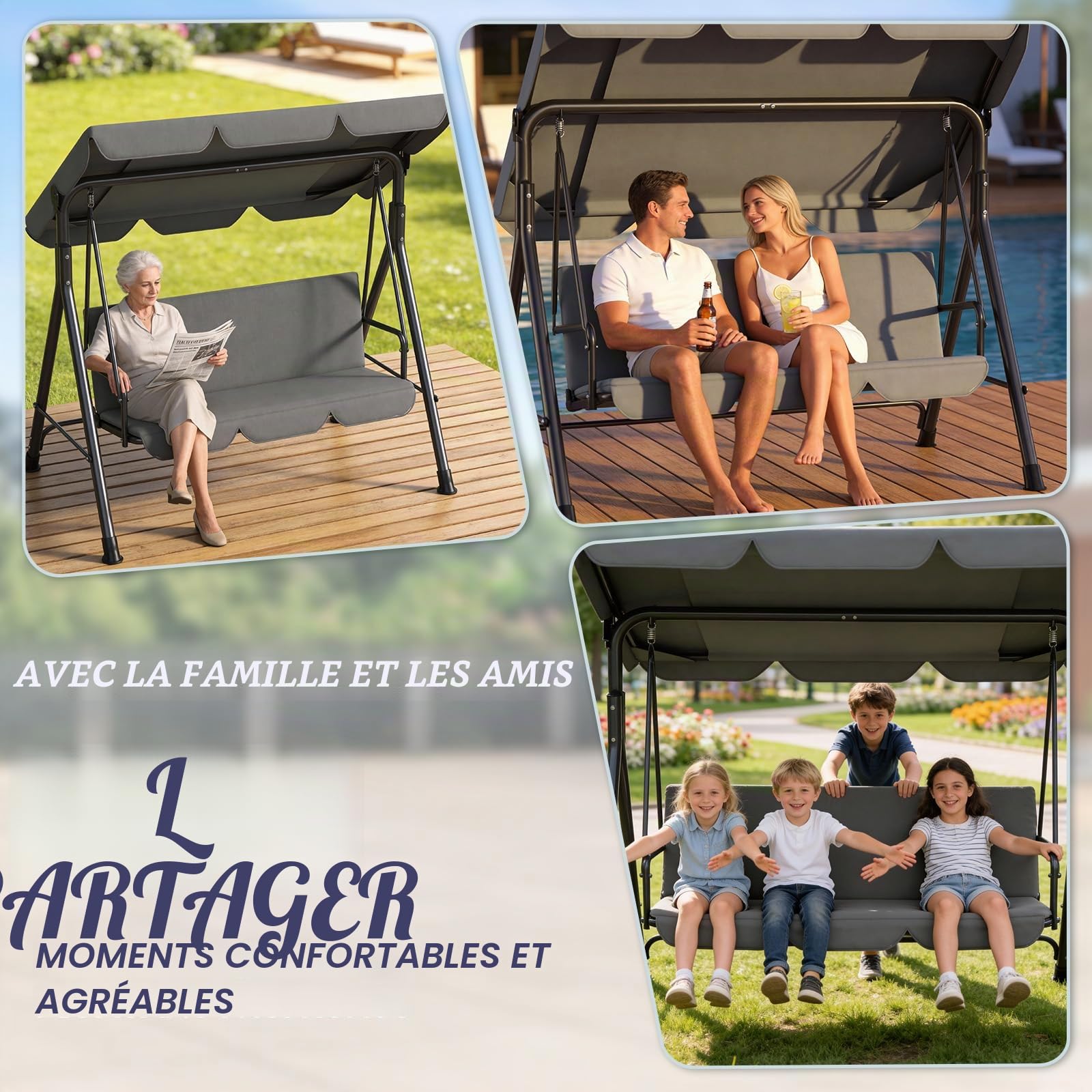 Huracan Balancelle de jardin 3 places avec toit pare-soleil réglable, pieds antidérapants, résistante aux intempéries, construction en métal robuste, banc à bascule extérieur, 193 x 110 x 152 cm