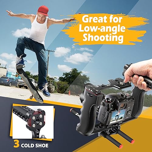 Miniatura 4 de Zeadio Jaula de Soporte para Cámara de Video, Kit de Filmación de Aleación de Aluminio con Mango Superior y Base Tipo Arca y Dos Guías de Varilla de