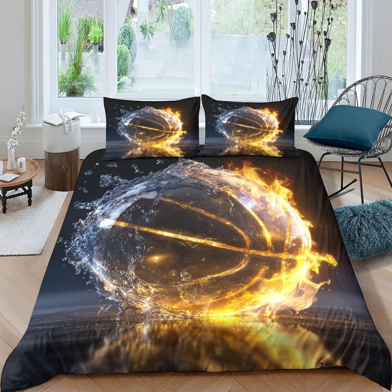 Ctjqhvkz Style-3 3D Printed Fiery Basketball Fitted Sheet Microfiber Soft Breathable Night Court Bed Cover For Bedroom Dorm Decor Single（135X200cm）