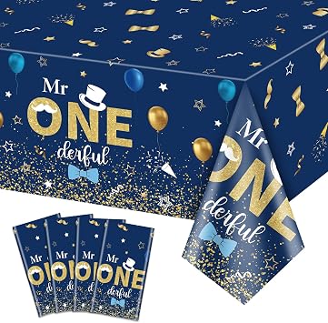 4 Pcs Mr Onederful 1st Birthday Tablecloths - Rectangular Navy Royal Blue Table Covers 1st Party Decorations for Boys Kids Baby First Birthday Shower Party Supplies, 51 x 86.6 Inch