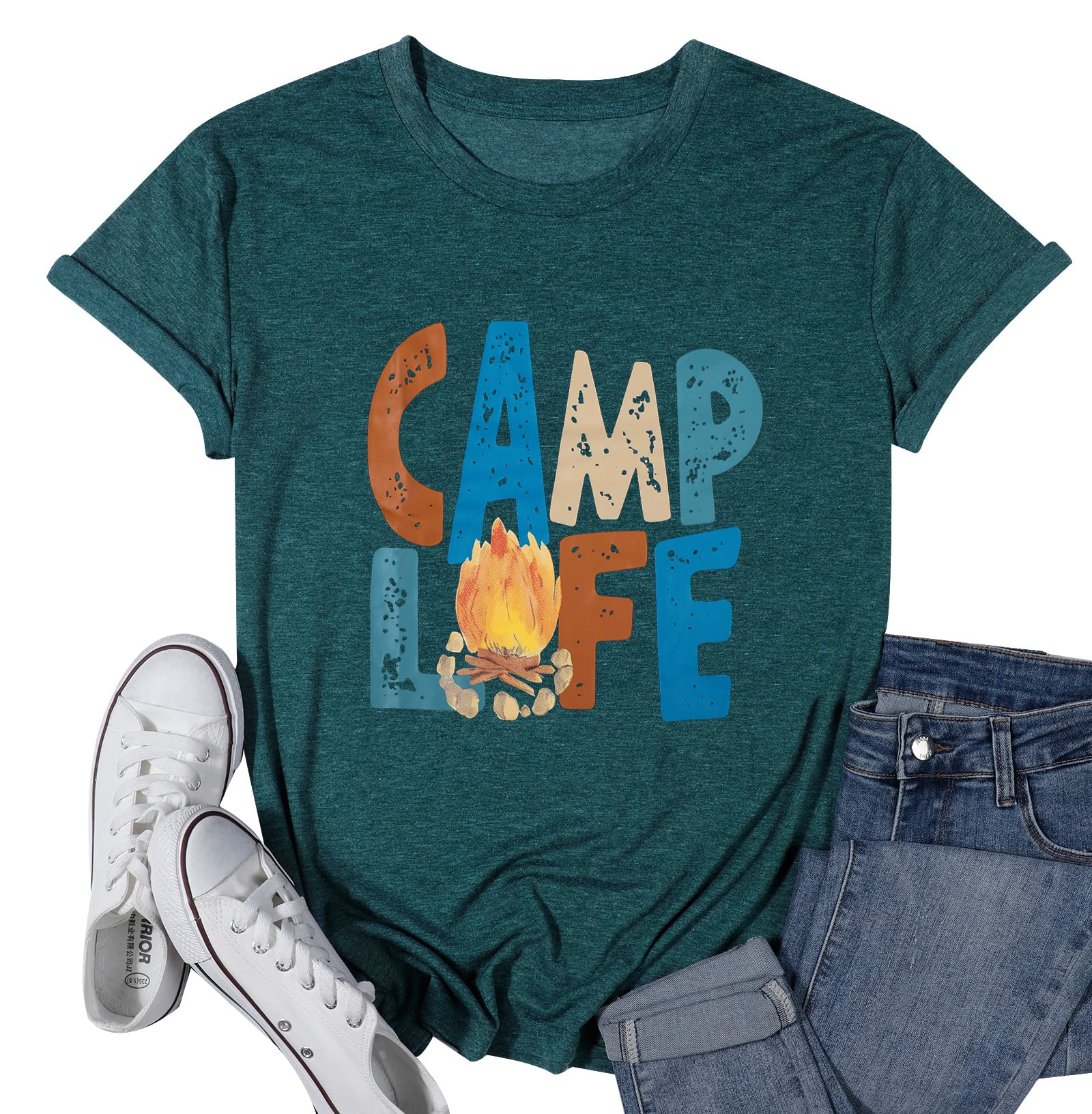 SFHFYCamp Shirt Women Funny Camping Hiking Tshirt Happy Camper Vacation Shirts Summer Casual Letter Print Tee Top