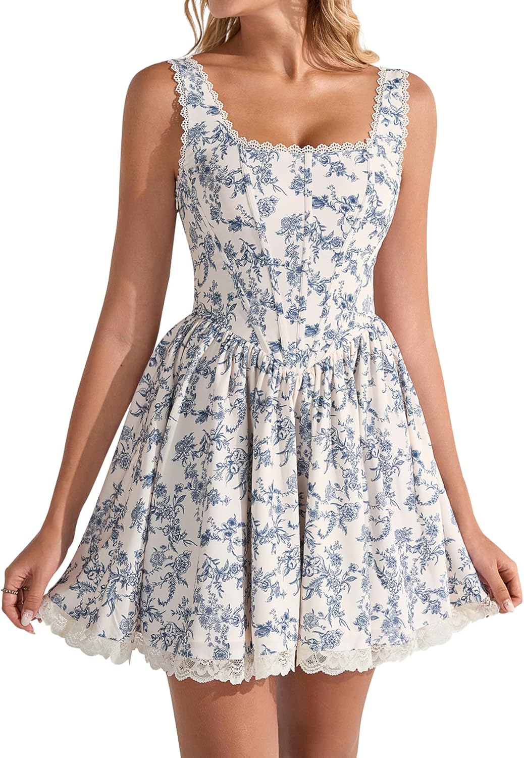 EYNMIN Floral Mini Corset Dress Square Neck Flowy A Line Lace Up Graduation Dresses Short Sundress for Women 2026 Summer