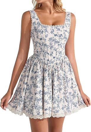 EYNMIN Floral Mini Corset Dress Square Neck Flowy A Line Lace Up Graduation Dresses Short Sundress for Women 2026 Summer