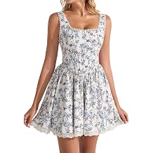 EYNMIN Floral Mini Corset Dress Square Neck Flowy A Line Lace Up Graduation Dresses Short Sundress for Women 2026 Summer