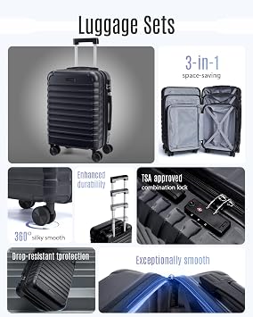 LIGHT FLIGHT Luggage Sets 3 Pcs Suitcase with Wheels,20/24/28,Black