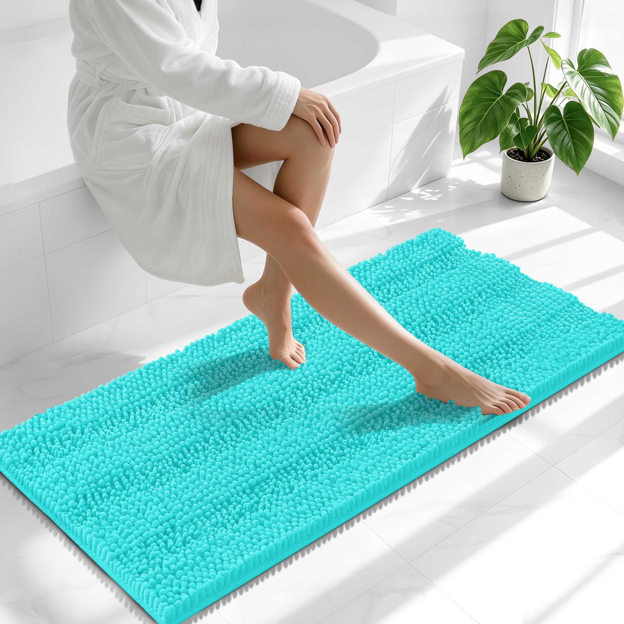 Smiry Thick Chenille Bathroom Runner Rugs 47x20, Absorbent Bath Mat, Teal