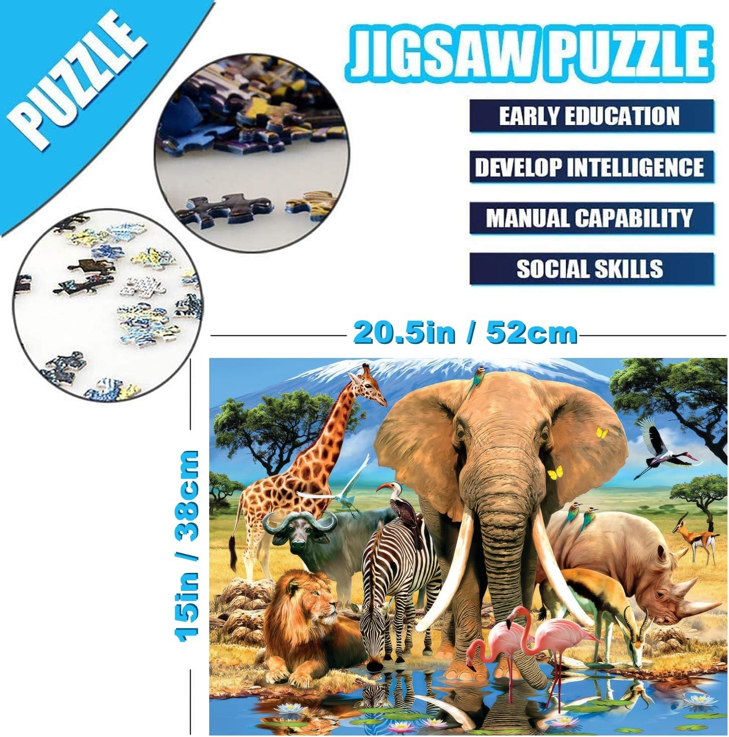 500 Piece Puzzles for Adults African Wildlife 20.5 x 15 Inch 500 Piece Jigsaw Puzzles for Adults Elephant Giraffe Lion Zebra Rhino Puzzles 500 Pieces Educational Challenge Puzzle