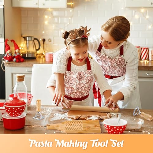 Miniatura 6 de Tioncy El juego de 7 herramientas para hacer pasta incluye 1 cortador de madera, 1 rodillo de rodillo, 1 tablero de ñoquis de madera con rodillo, 3