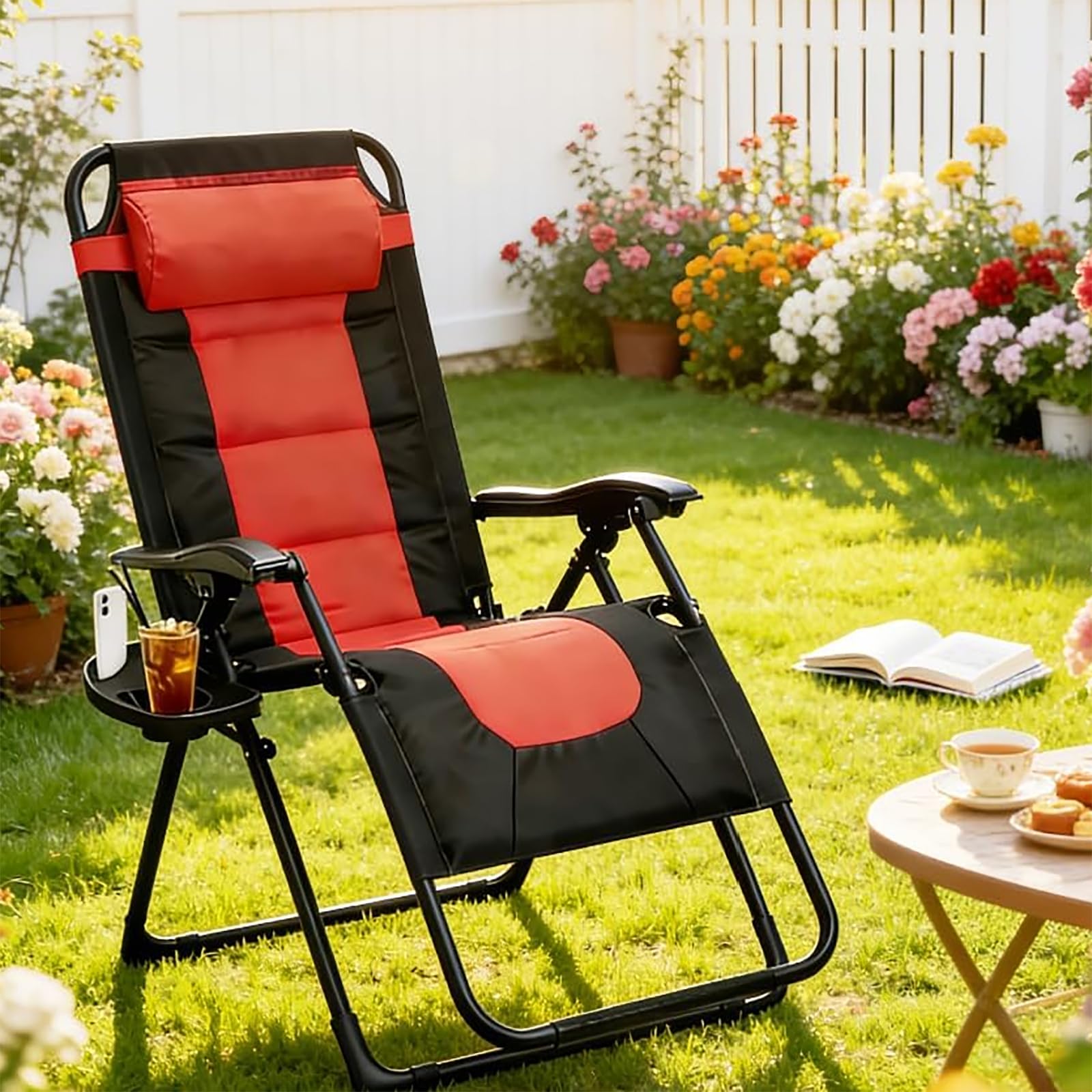 Sdraio Pieghevole, Relax Giardino Sedia Gravità Zero con Cuscino, Sdraio Lettino Prendisole Richiudibile, con Struttura in Acciaio e Poggiatesta Rimovibile, per Giardino Terrazza, Carico 150kg