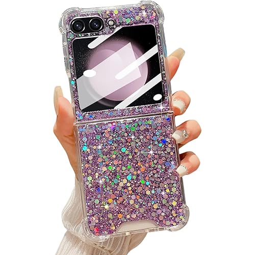 LCHULLE for Samsung Galaxy Z Flip 5 Case Bling Glitter for Girls Women Cute Shiny Sparkle Sequin Stars, Soft Silicone Four-Corner Shockproof Cover Protective Phone Case for Samsung Z Flip 5 5G(Purple)