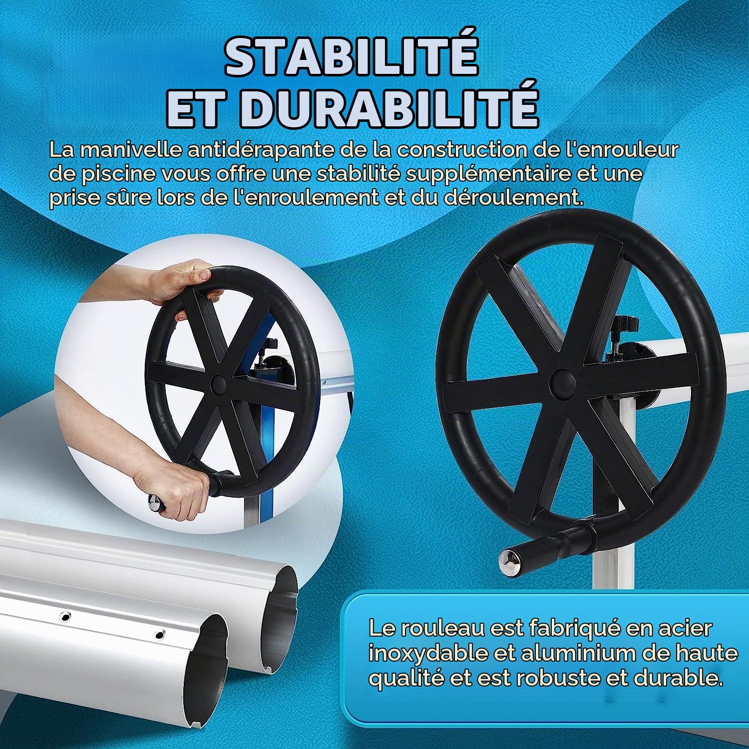 Aufun Enrouleur de piscine de qualité supérieure - Système d'enroulement en aluminium - 3 m - 5,70 m - Avec fixation et rouleaux - Pour bâches solaires et couvertures de piscine - Enrouleur de piscine
