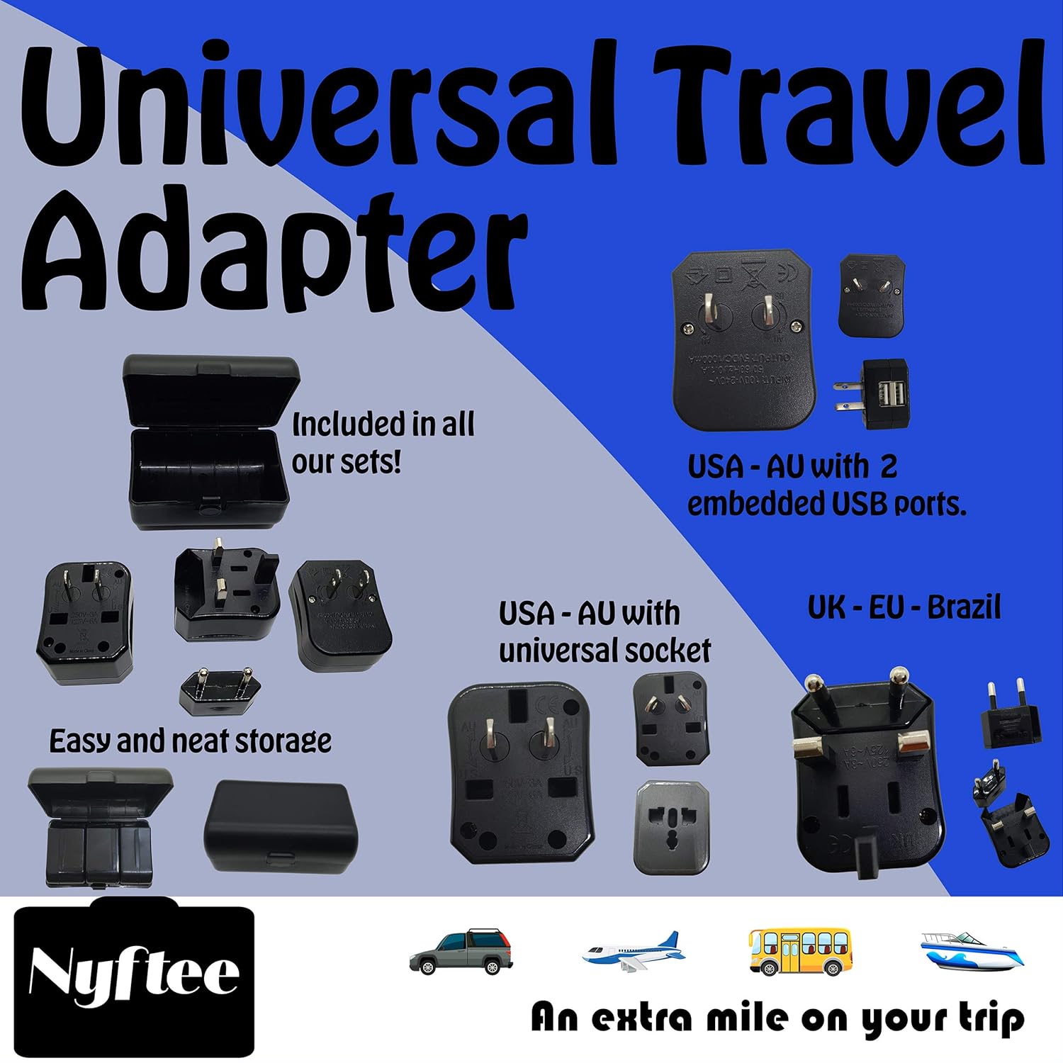  | Hardside Carry On Luggage, Spinner Suitcase, Black color with TSA Lock, Universal Travel Adapter and Multipurpose Foldable Bag by Nyftee | Suitcases