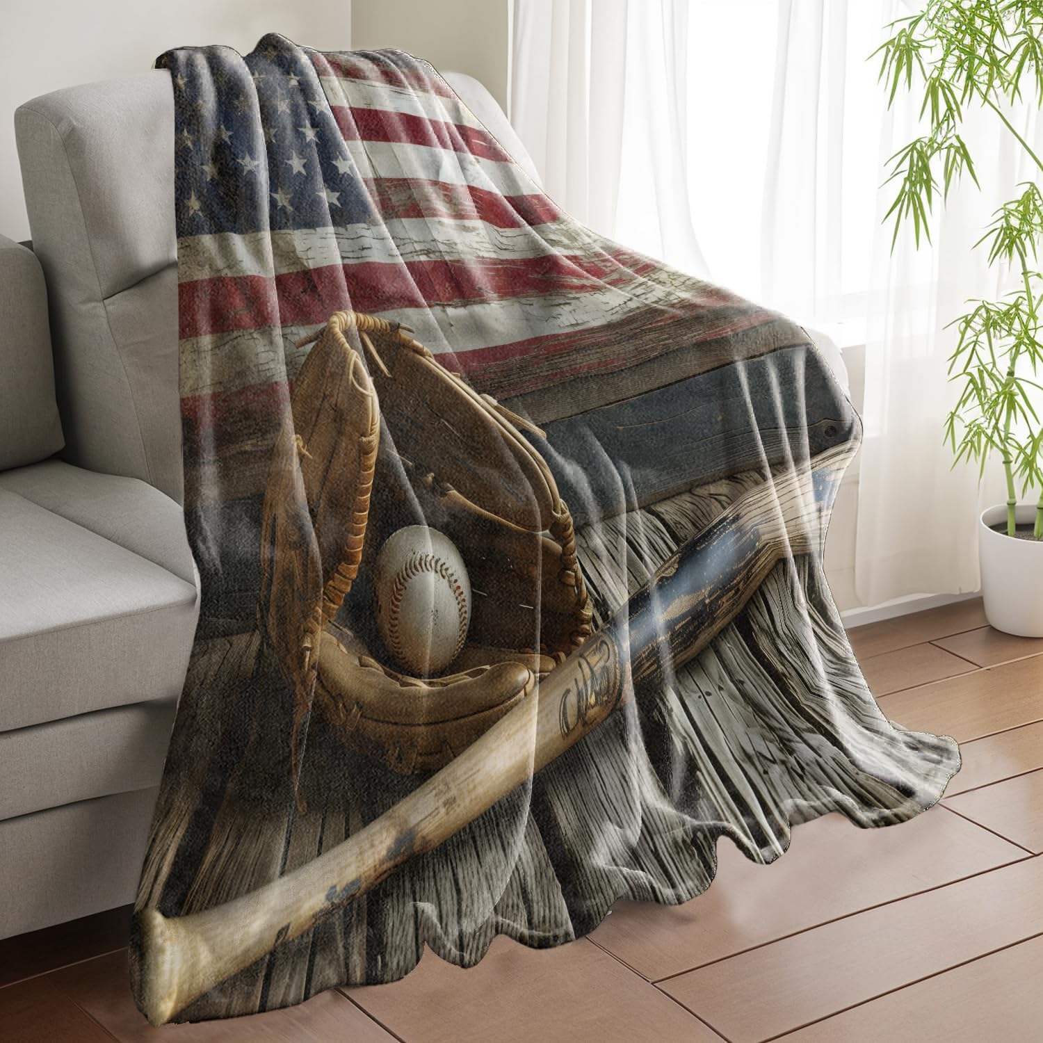 Vintage Baseball Throw Blanket, Patriotic American Flag Flannel Blankets Gifts for Men Boys and Sports Fans, Home Decor Throws for Couch Bed Camping Travel Living Room Bedroom, 50x60 Inch - Image 2