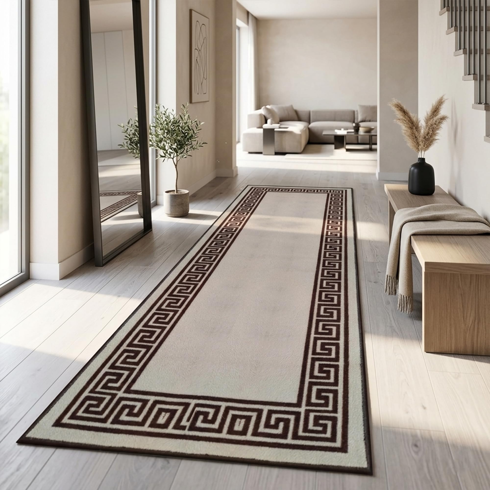 Rugs Haven - Elysia Washable Hallway Carpet Runners, Non-Slip Floor Mats for Kitchen, Living Room, Corridor, Entryway, Door Entrances (Beige&Brown, 66x220cm)