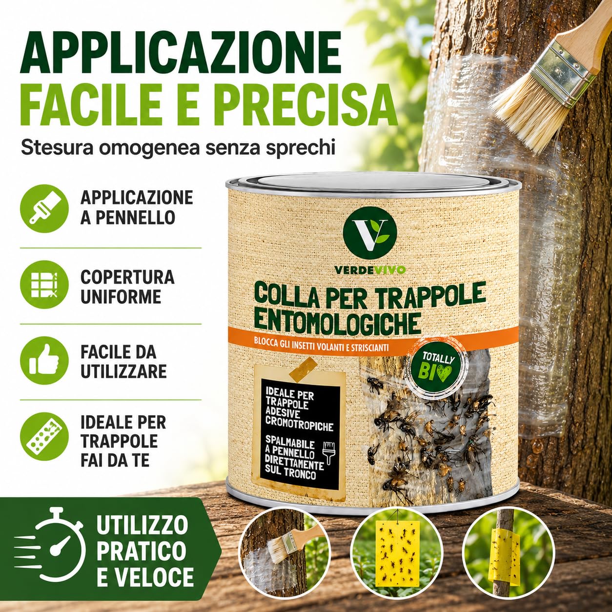 Colla Pennellabile per Insetti 750ml, Made in Italy - Colla per Trappole Cromotropiche Mosche e Insetti Volanti - Adesivo per Frutteto, Orto e Piante - Rimedio Insetti Striscianti e Giardino