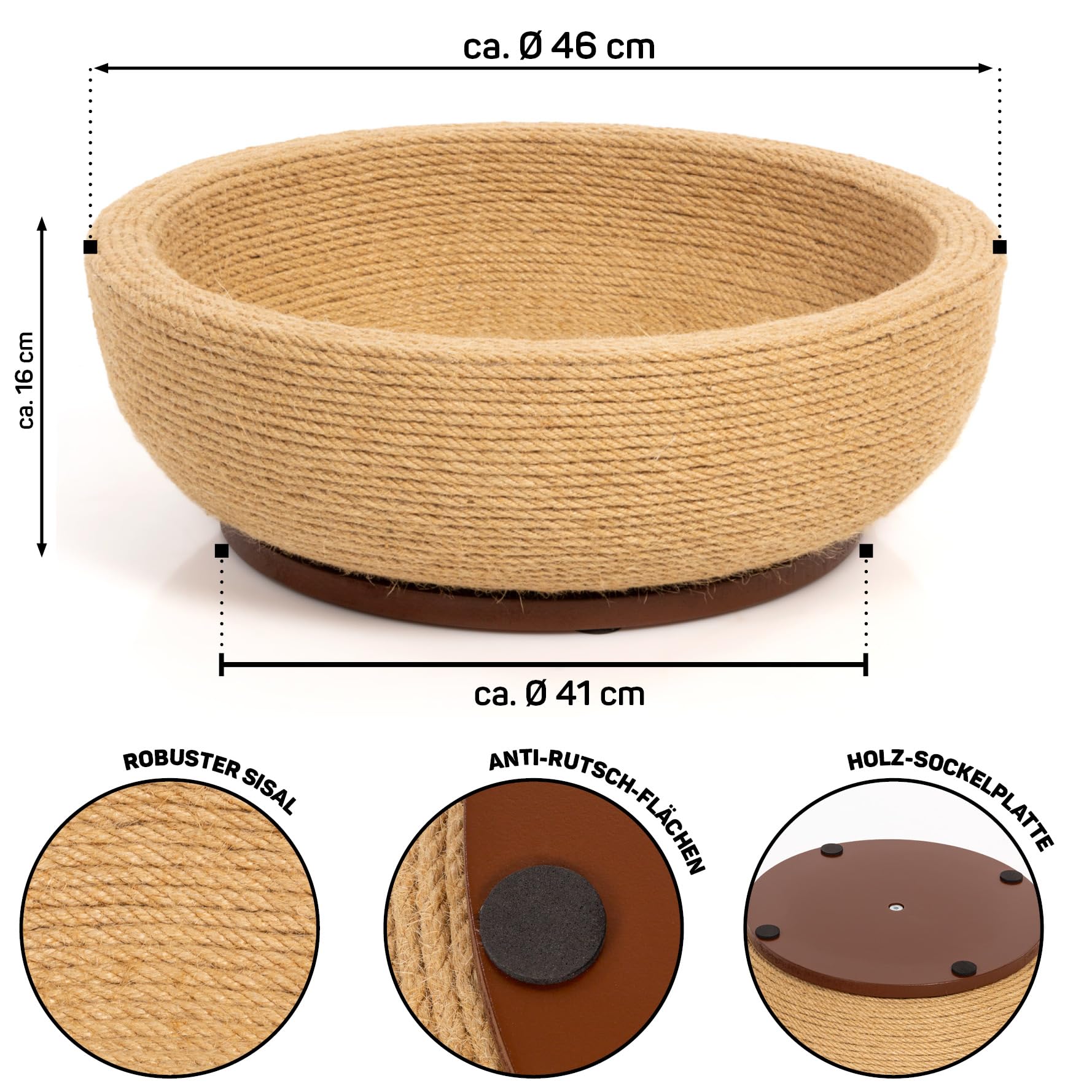 CanadianCat Company | Kratzschale für Katzen - Bowl - Sisal Schale | Katzenbett Liegemulde mit Kratzmöglichkeit für Katzen aus Sisal | ca. 45 x 45 x 16 cm