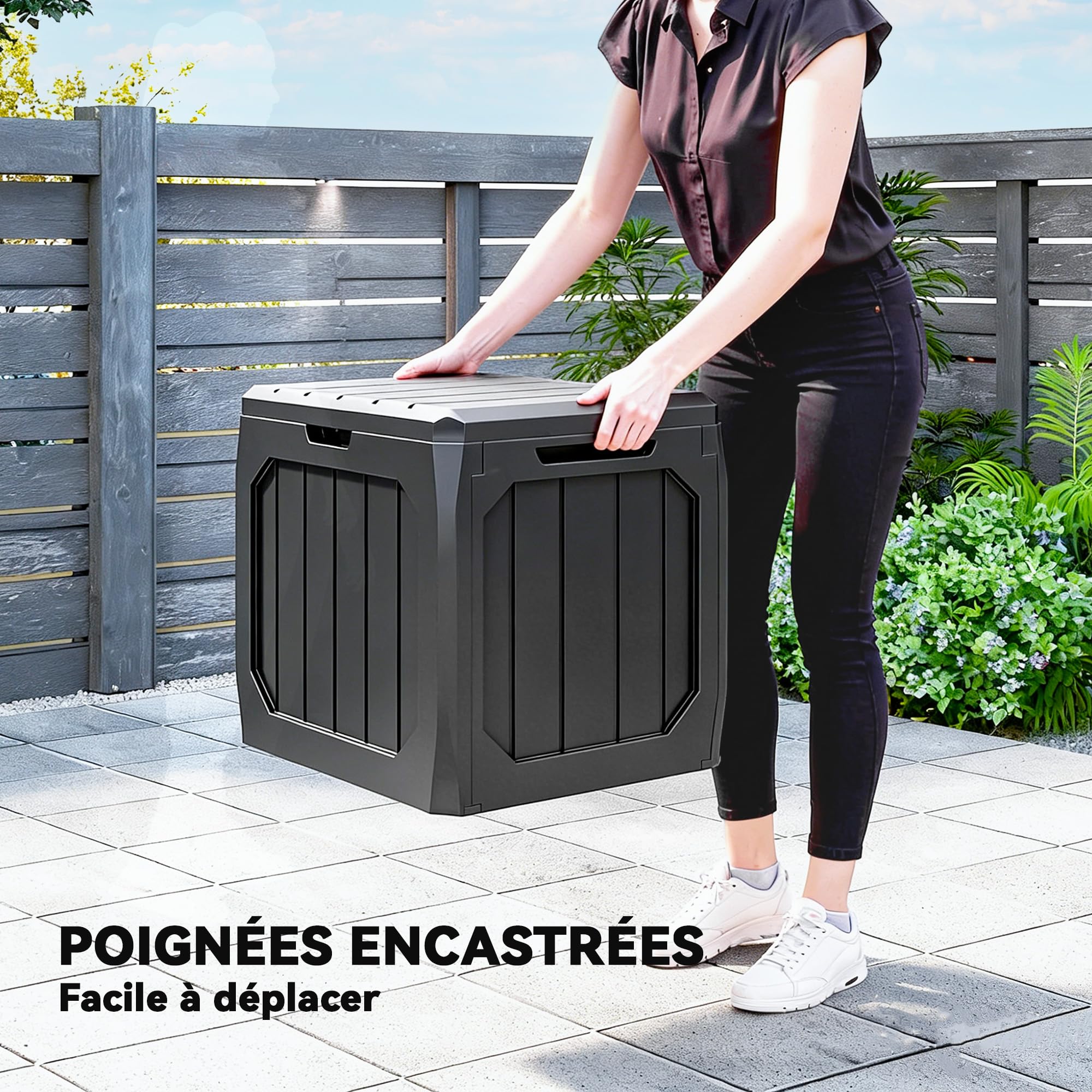 Outsunny Coffre de rangement exterieur 121L avec Poignées 56x45x53 cm Noir | Coffre de Jardin, Conteneur Étanche, Malle de Rangement en PP, Extérieur Intérieur Jardin Terrasse