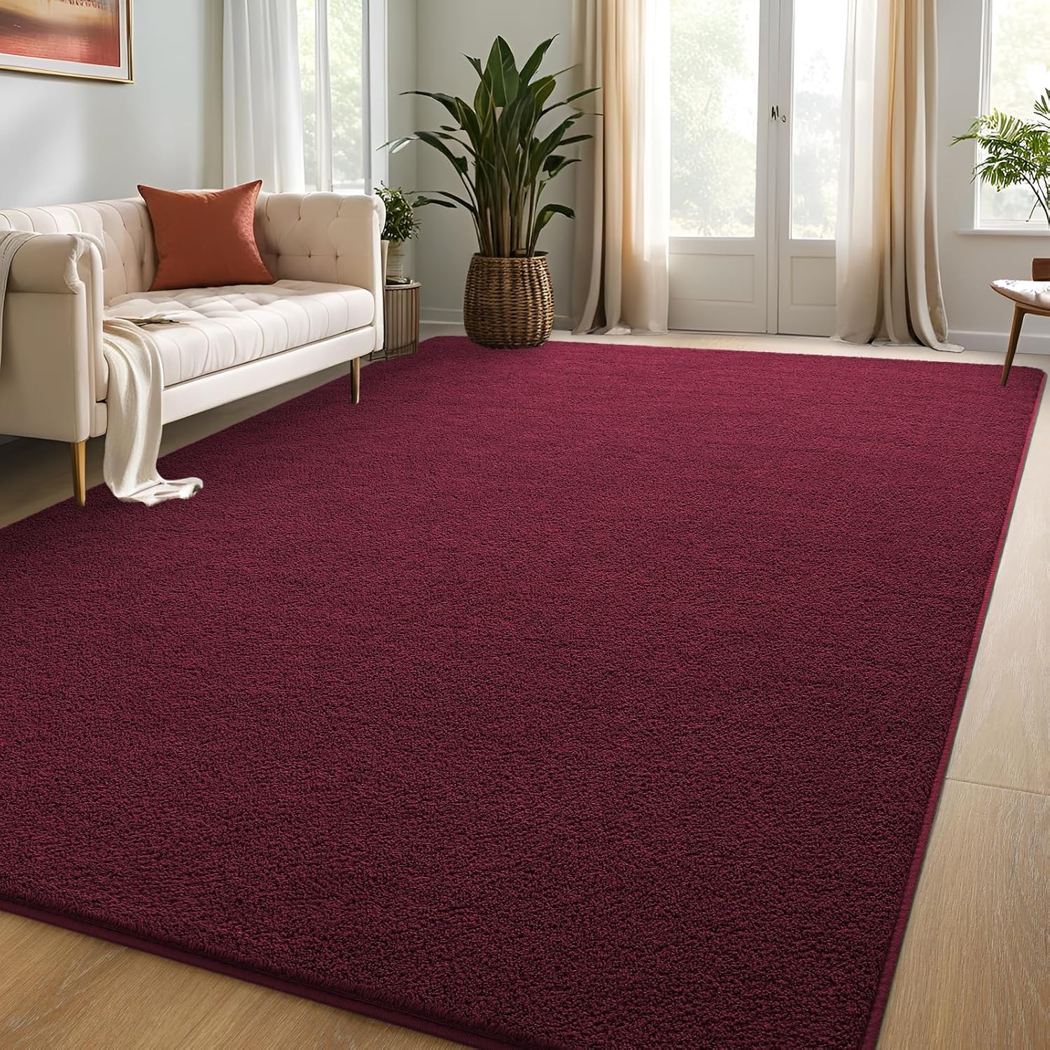 DweIke Modern Area Rugs for Bedroom Living Room, 5x7 ft Thickened Memory-Foam Indoor Carpets, Minimalist Style Carpet Suitable for Boys Girls and Adults with Fluffy Touch, Washable, Burgundy Red