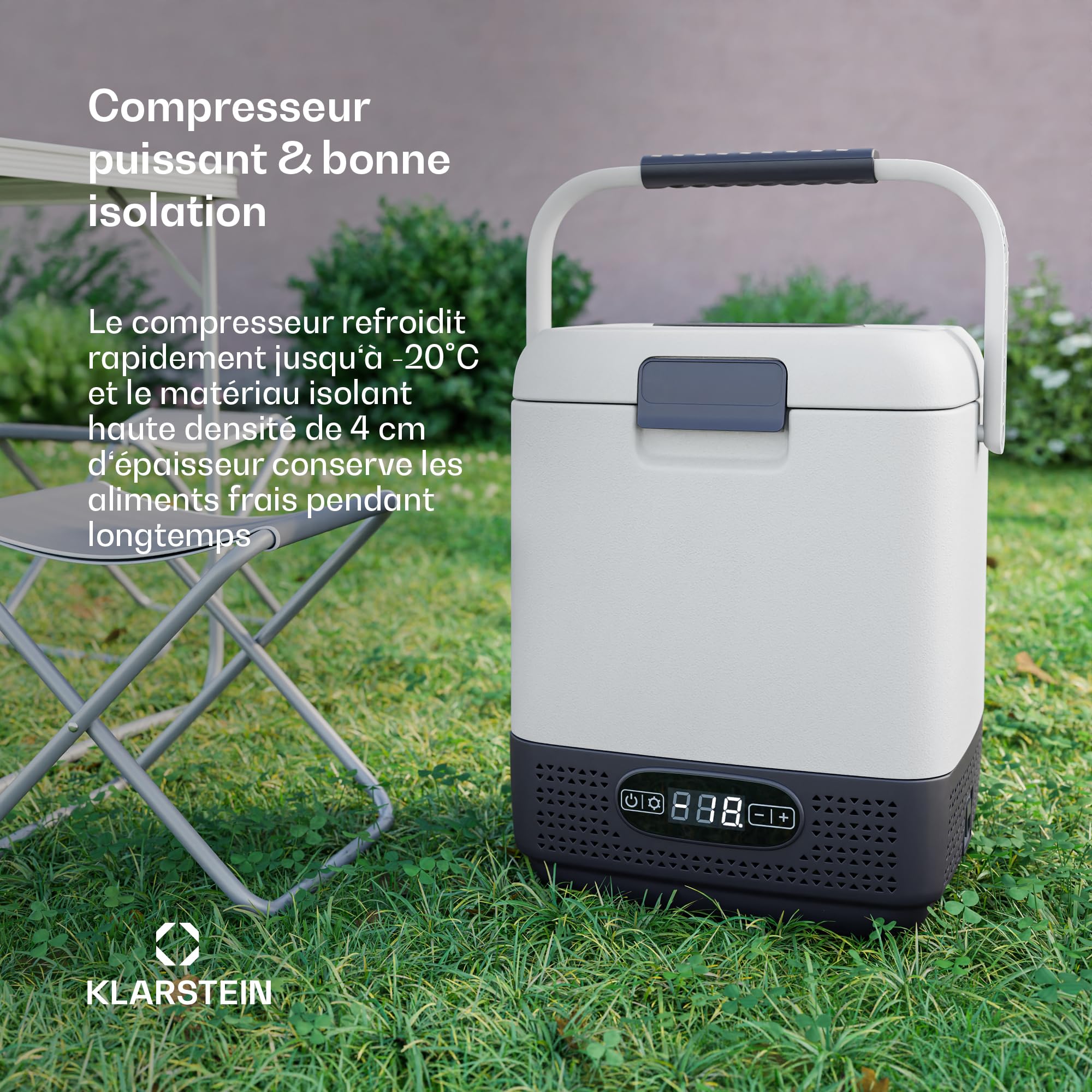 KLARSTEIN Mini Frigo Glacière Électrique Portable 12L SwiftFrost - Grand Écran LCD, Compresseur Puissant, Design Mobile Antichoc, Alimentation Polyvalente, Accessoires Inclus, blanc