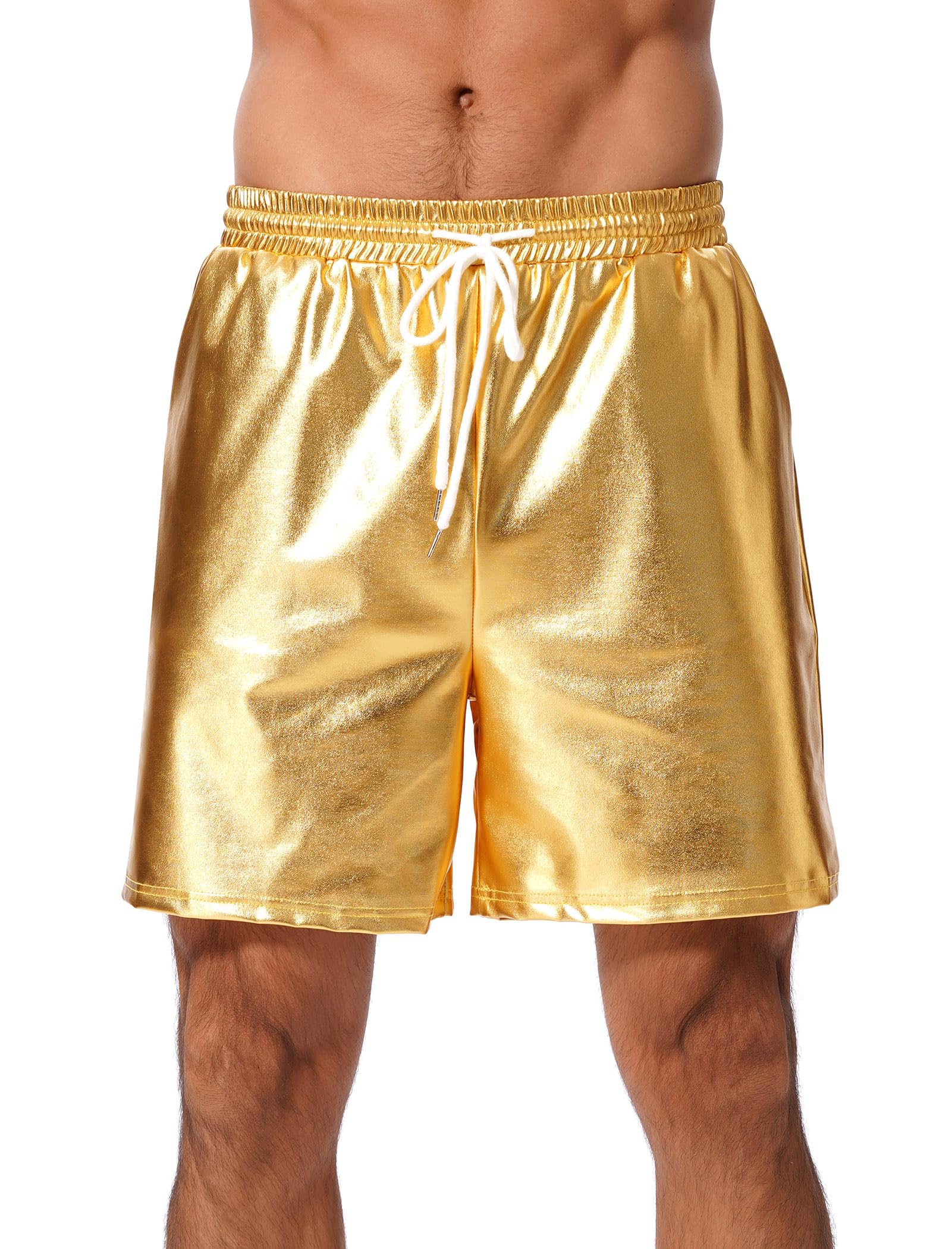 Men's Shiny Metallic Shorts Drawstring Sparkly Dance Hot Pants Disco Rave Party Outfit with Pockets