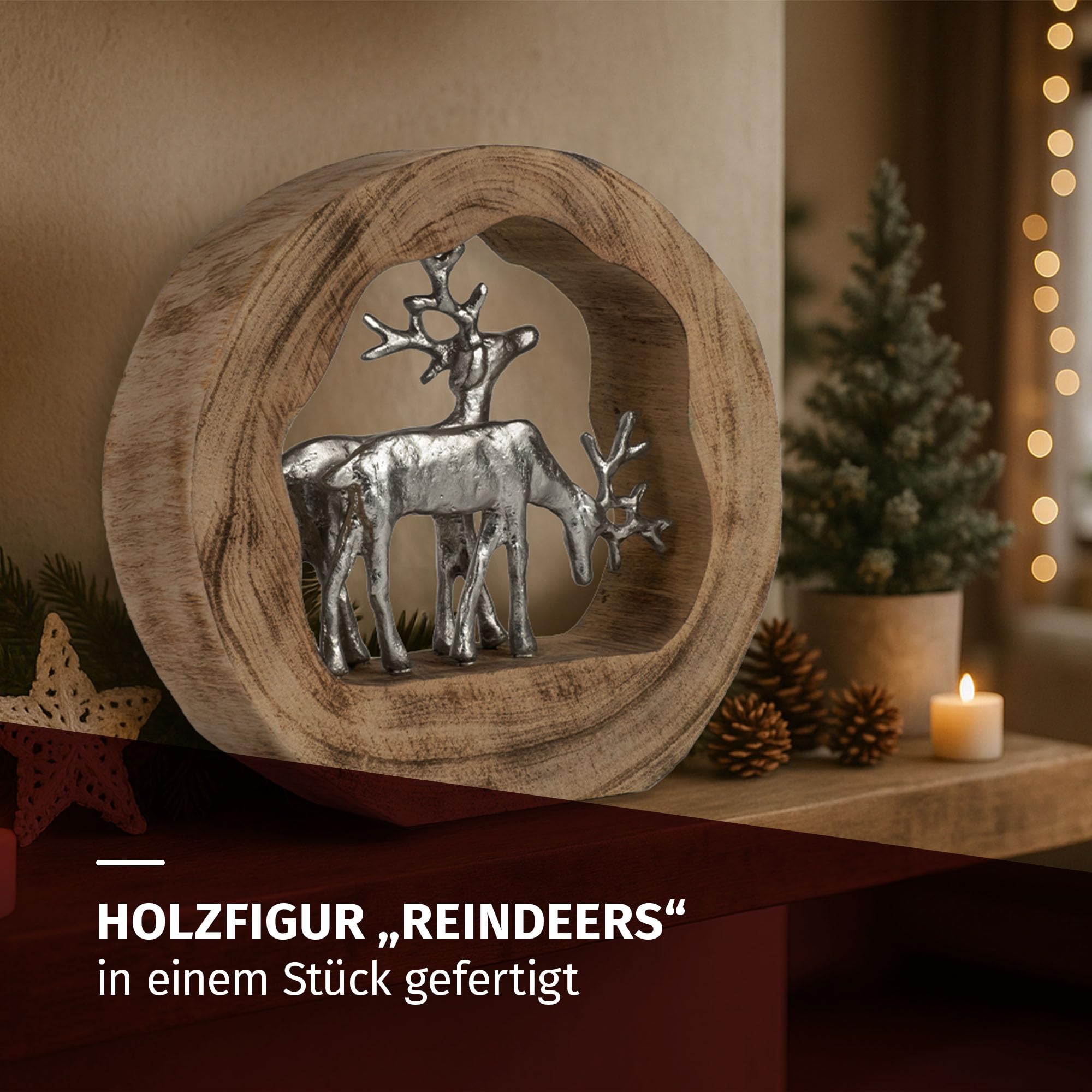 Moritz Dekofigur Rentiere im Holzring aus Mangoholz und Aluminium 27,5 cm Moderne Holzskulptur mit Zwei Rentieren für Tisch Kommode oder Fensterbank Handarbeit Unikat im natürlichen Design