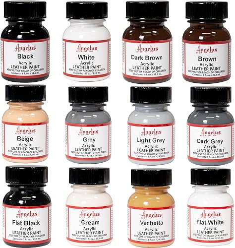 Angelus Kit de inicio de pintura acrílica para cuero, juego de 12 unidades de pintura de 1 onza negros, marrones, blancos, gris, beige, crema