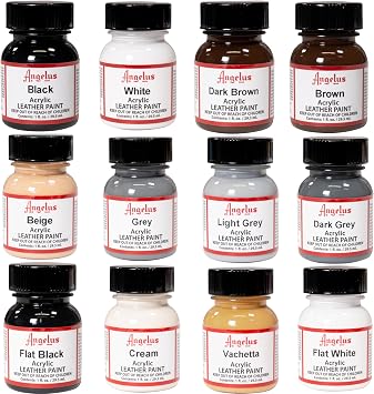 Angelus Acrylic Leather Paint Starter Kit Set of 12 Pack Paint 1oz Blacks, Browns, Whites, Grey, Beige, Cream