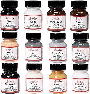 Angelus Acrylic Leather Paint Starter Kit Set of 12 Pack Paint 1oz Blacks, Browns, Whites, Grey, Beige, Cream