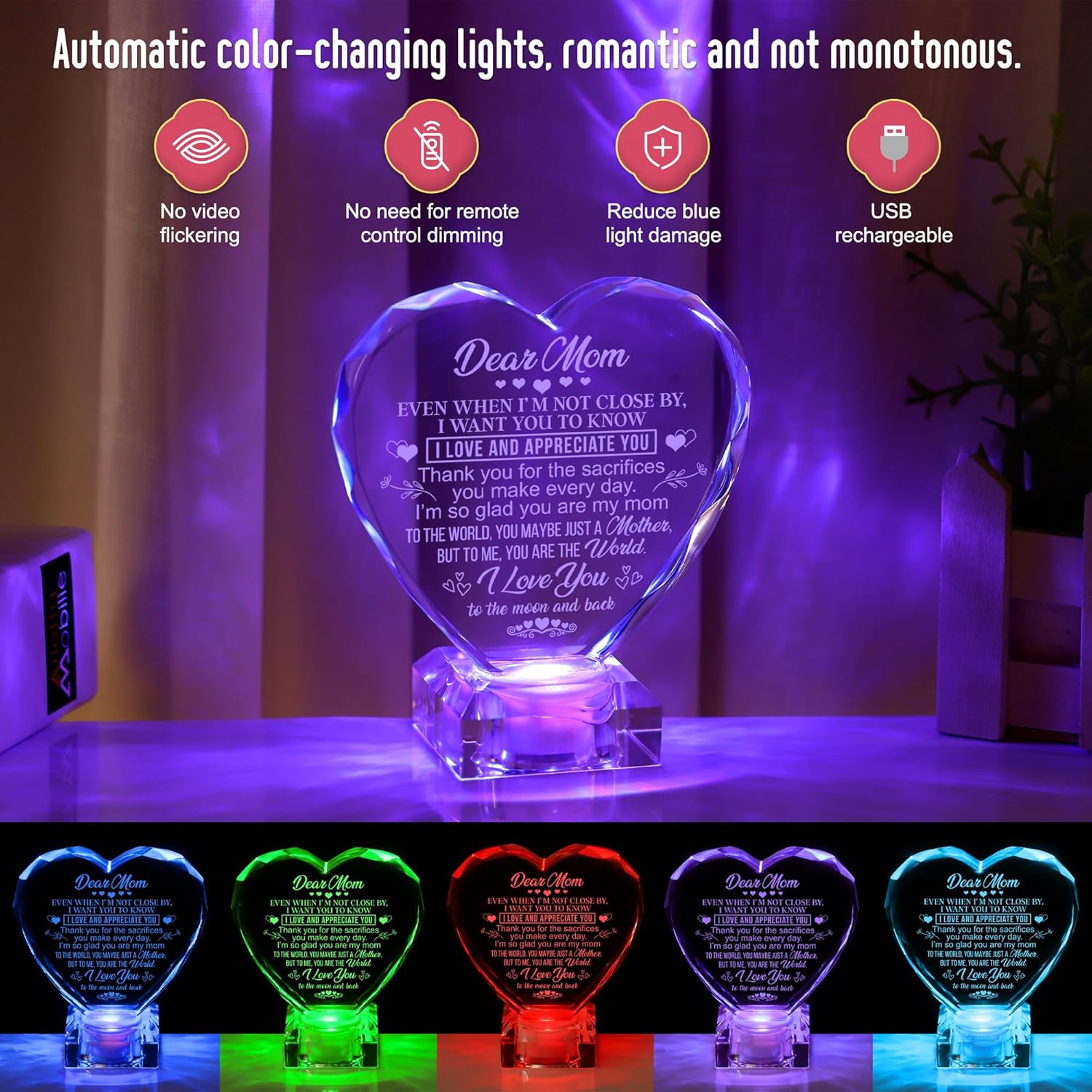 Gifts for Mom Birthday Mothers Day, Perfect Christmas Mothers Valentines Day Birthday Gifts for Mom from Daughter Son, Engraved Mother Crystal Heart with Rechargeable Color-Changing LED Base - Image 4