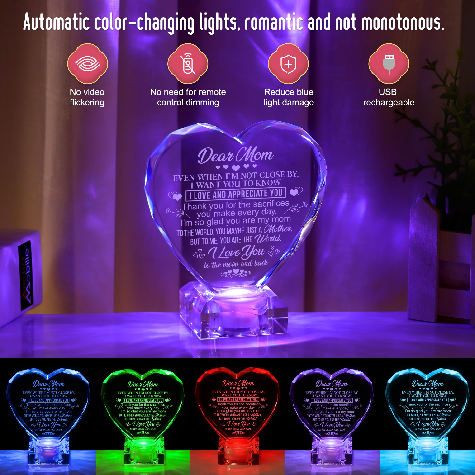 Cadeau unique pour maman, cadeau pour Noël, anniversaire, cœur en cristal gravé avec base LED rechargeable à changement de couleur, parfait pour maman de la part de sa fille et de son fils