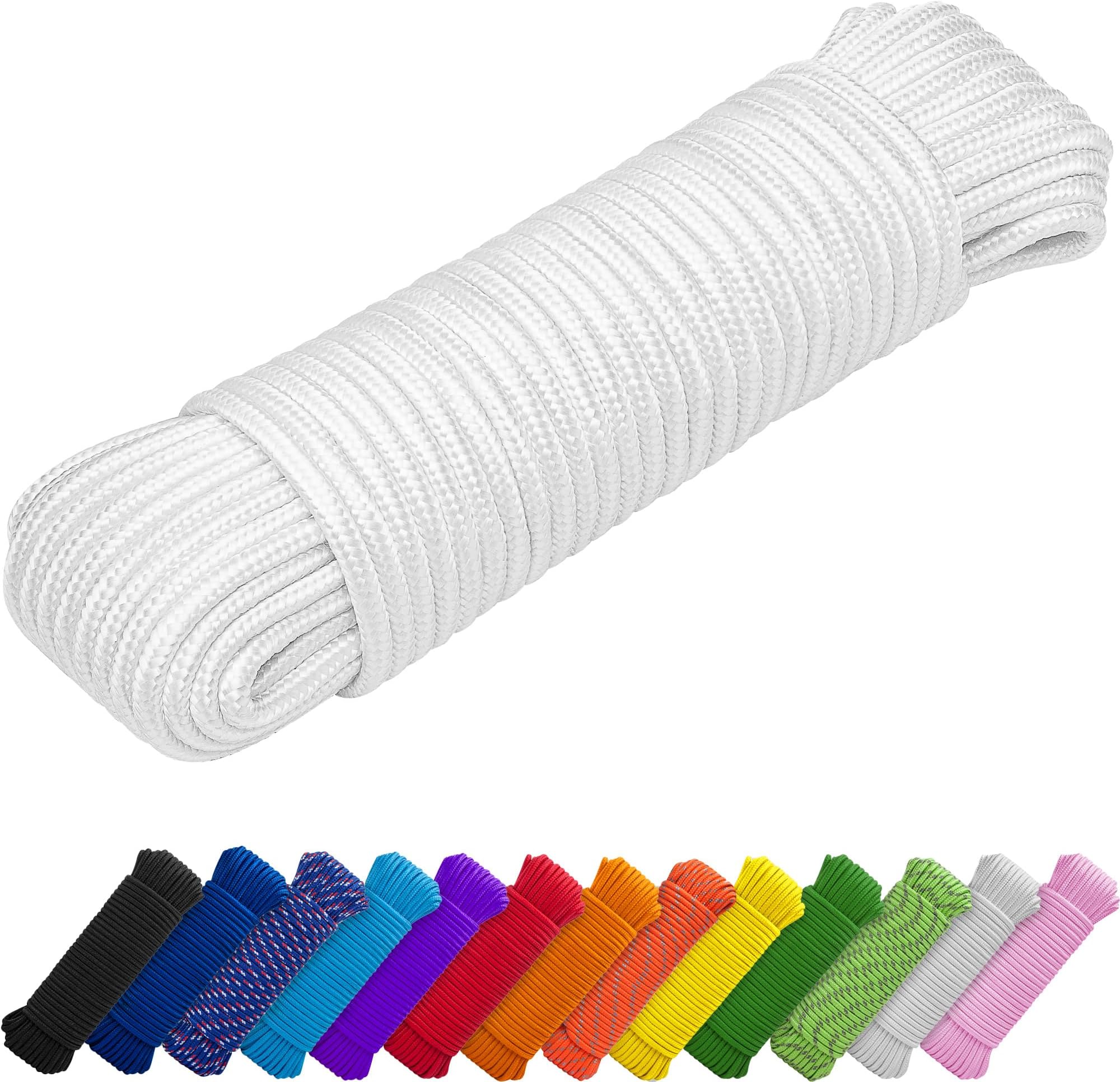 TECEUM Clothes Line & Flag Pole Rope – 1/4” & 3/8” – 90 FT | 150 FT – Strong All-Purpose Utility Rope – Camping, Crafting, Indoor & Outdoor – Polypropylene Nylon Lightweight Diamond Braided Cord White
