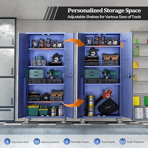 Miniatura 4 de VINGLI Armario de almacenamiento alto de metal con puertas de bloqueo y 4 estantes ajustables, armario de almacenamiento móvil azul marino con