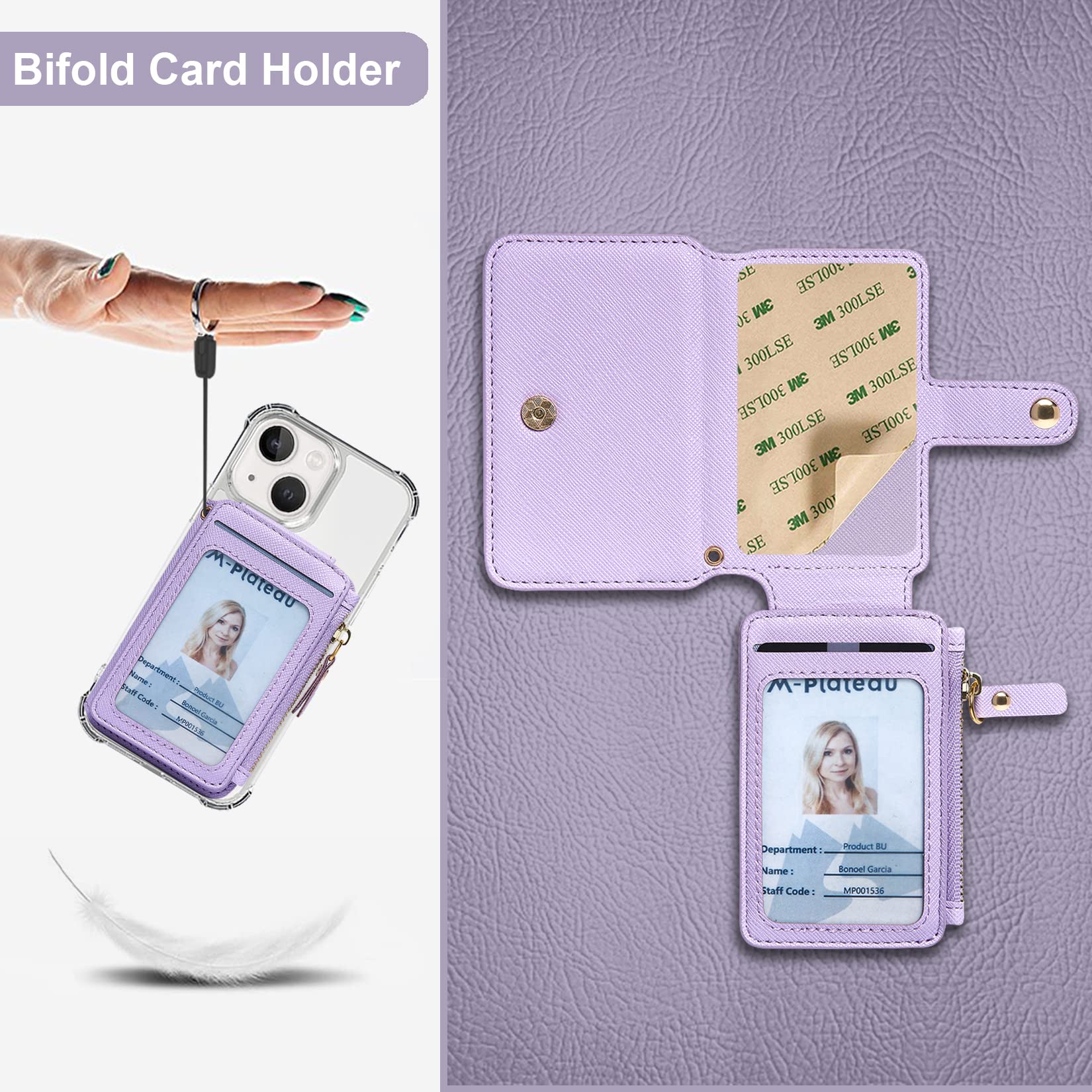 M-Plateau Cartera pequeña para mujer, soporte para tarjetas de crédito para mujer, adhesivo 3M, cartera para teléfono compatible con funda iPhone 14 Pro y la mayoría de teléfonos inteligentes (morado)