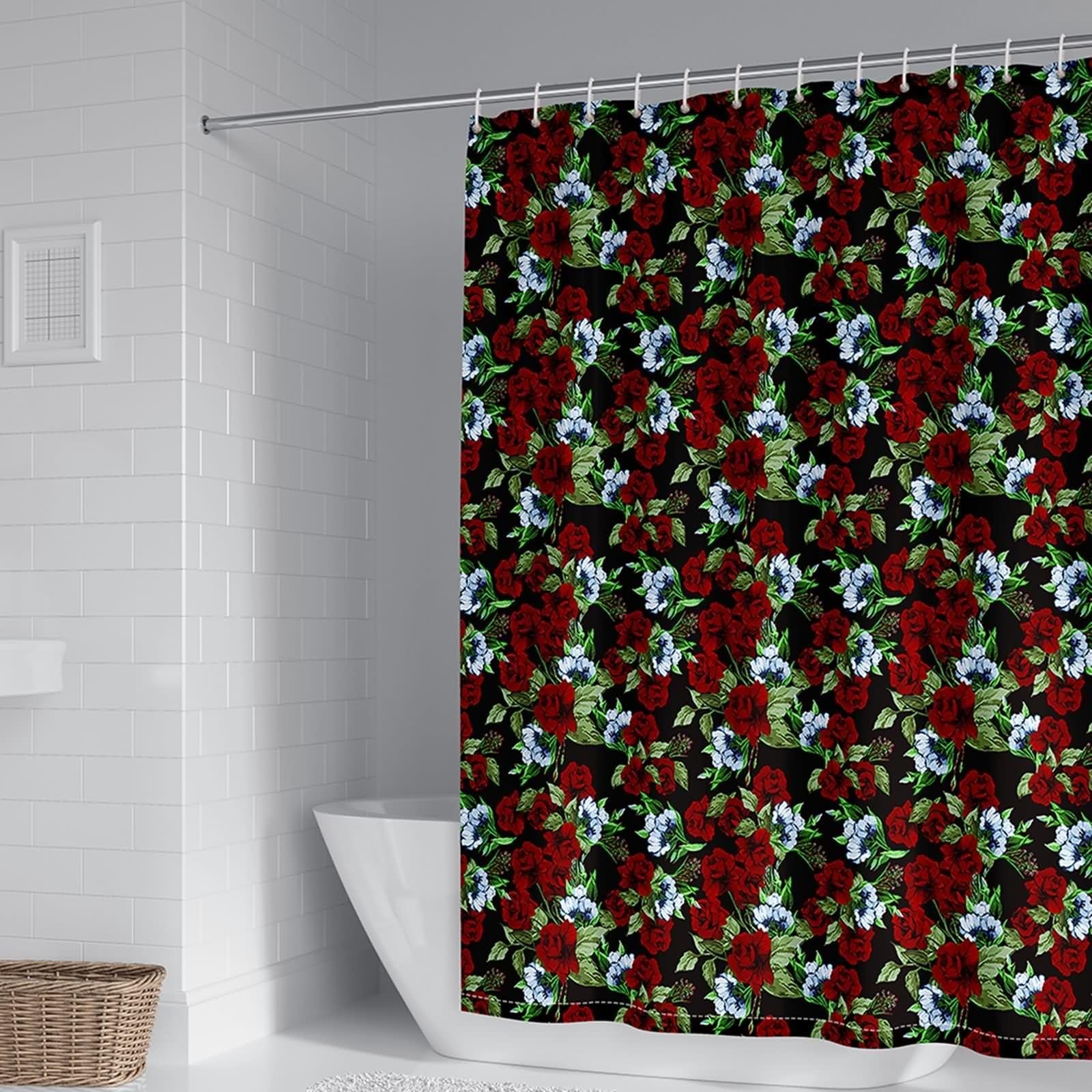 Rideau de douche 300x200cm polyester rouge noir KnSam motif roses