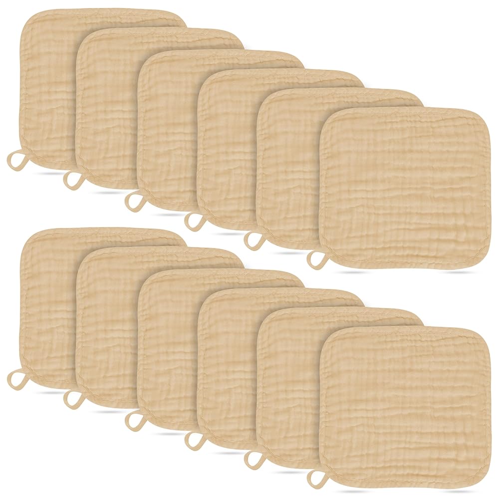 BAMBOO QUEEN Baby Washcloths -100% Cotton Muslin Soft Baby Bath Wash Cloths and Absorbent Baby Wipes for Newborns Kids Girls and Boys - 12 Pack, 12x12 Inches - Brown
