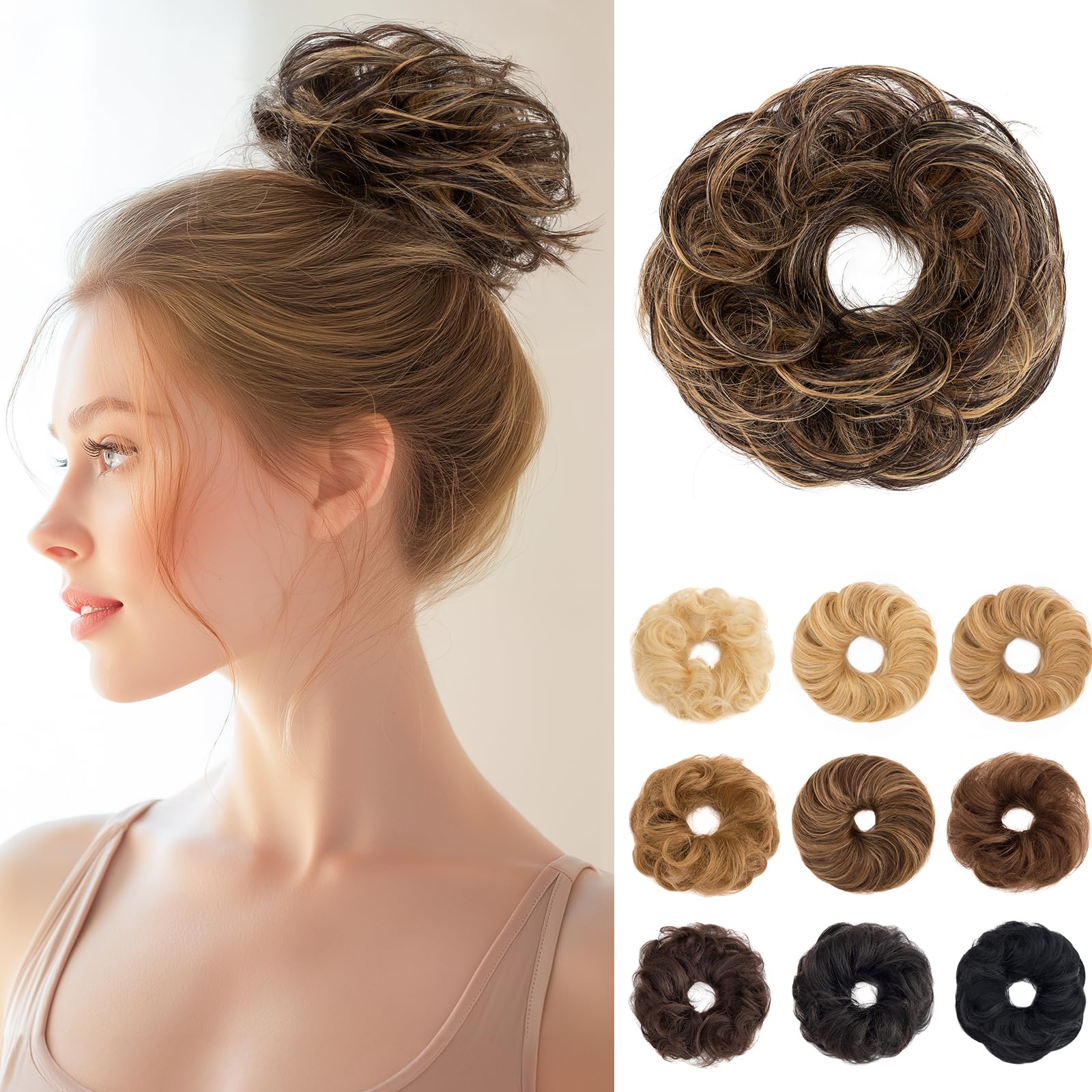 SEGOHAIR 17G Messy Bun Scrunchies Human Hair Curly Wavy Donut Hairpiece for Women Girls Natural Black Mixed Dark Linen Hair Bun Maker Elastic Real Remy Donuts Updo Chignon