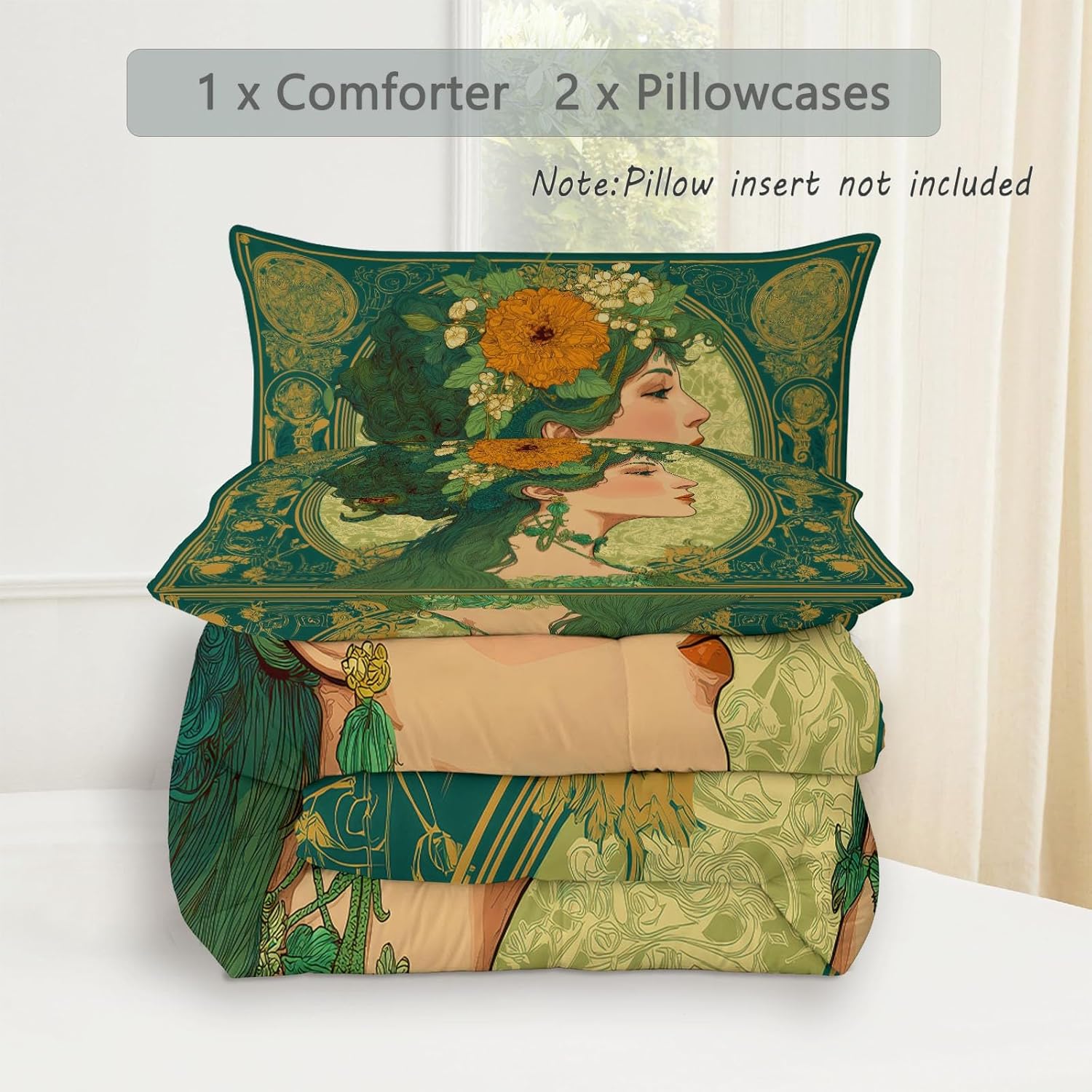 Comforter Duvet Insert - Quilted Comforters Twin Size, All Season Quilted Duvet, Art Nouveau Style Beautiful Woman Soft Down Alternative Bedding, Gifts for Women Men, Green