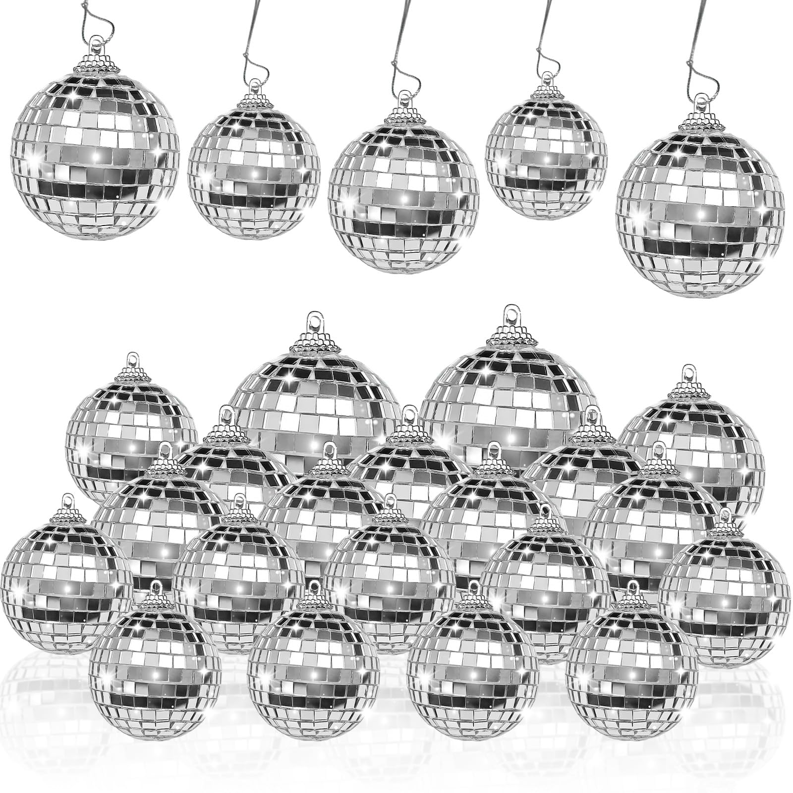 20 Pack Mini Hanging Disco Ball Decorations,Silver Mirror Ball Ornaments with Rope for 70s,Y2K Dance Party Supplies, 4 Sizes