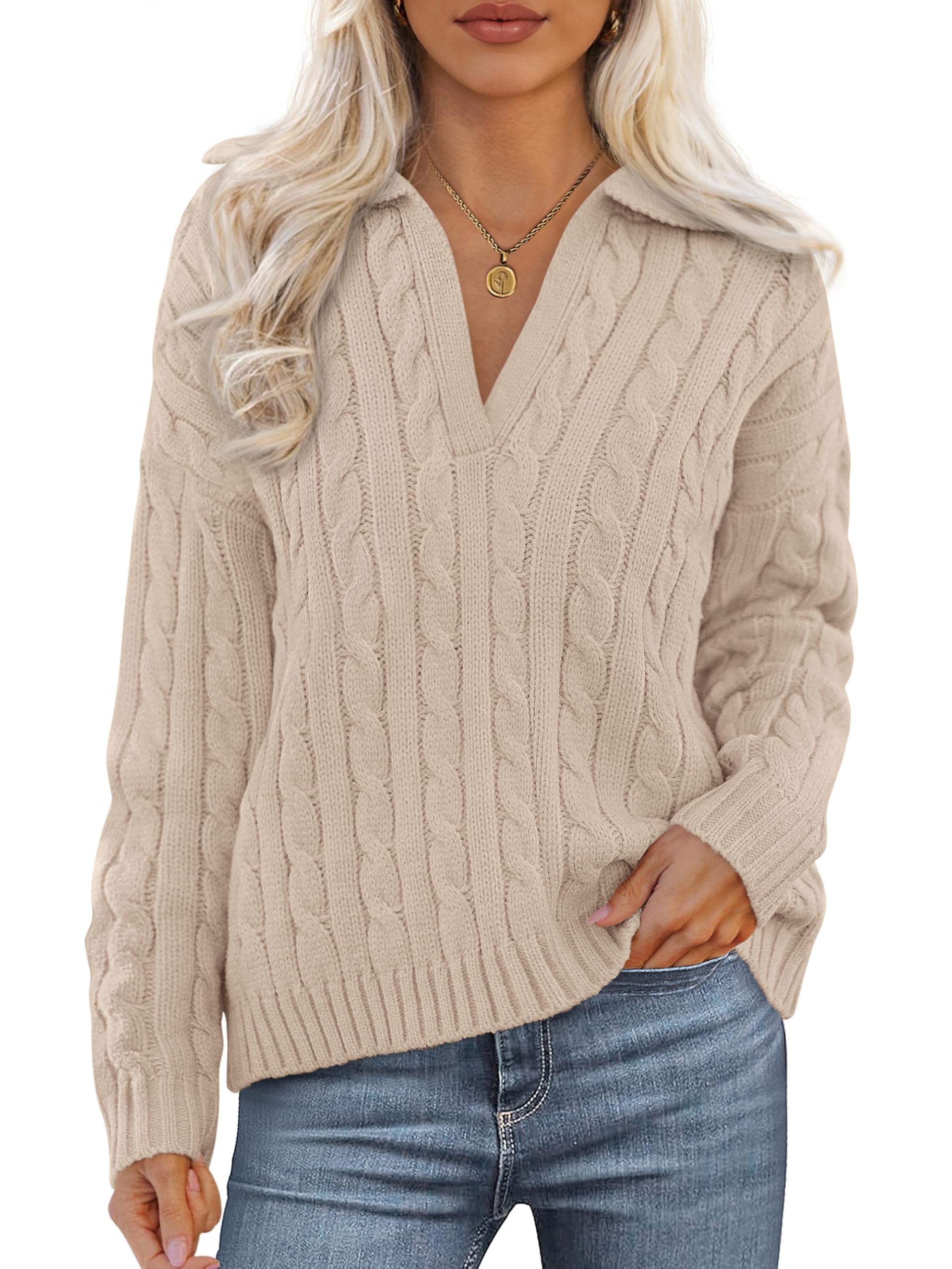 PRETTYGARDEN Fall Cable Knit Oversized Sweaters for Women 2025 Polo V Neck Long Sleeve Casual Chunky Sweater Pullover