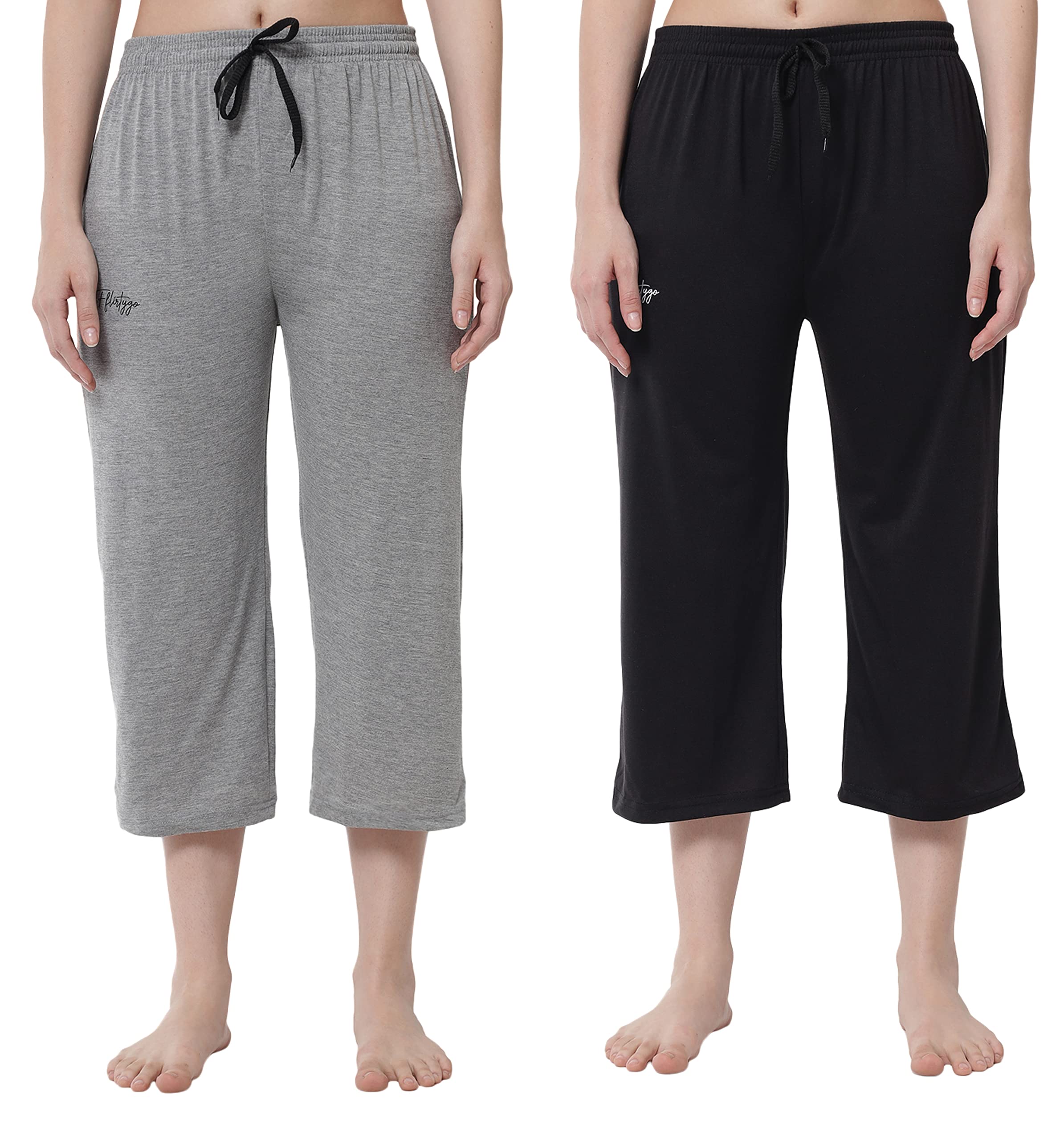 Fflirtygo Women's Cotton Plain Calf Length Capri | Nightwear Short Pyjama | 3/4th Solid Pyjama Pant | Regular Fit Casual & Lounge Wear Capri Combo (Pack of 2)