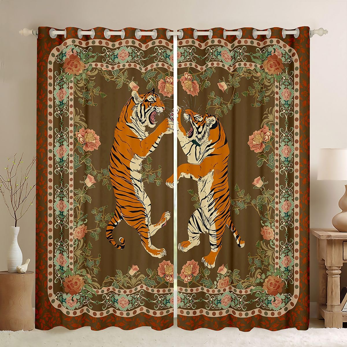 Homewish Vintage tygrys kwiatowe zasłony okienne, 117 x 183 cm, 2 zestawy paneli - zaciekłe symetryczne zasłony zaciemniające ze zwierzętami, ozdobne botaniczne zasłony okienne, zasłony boho, dżungla