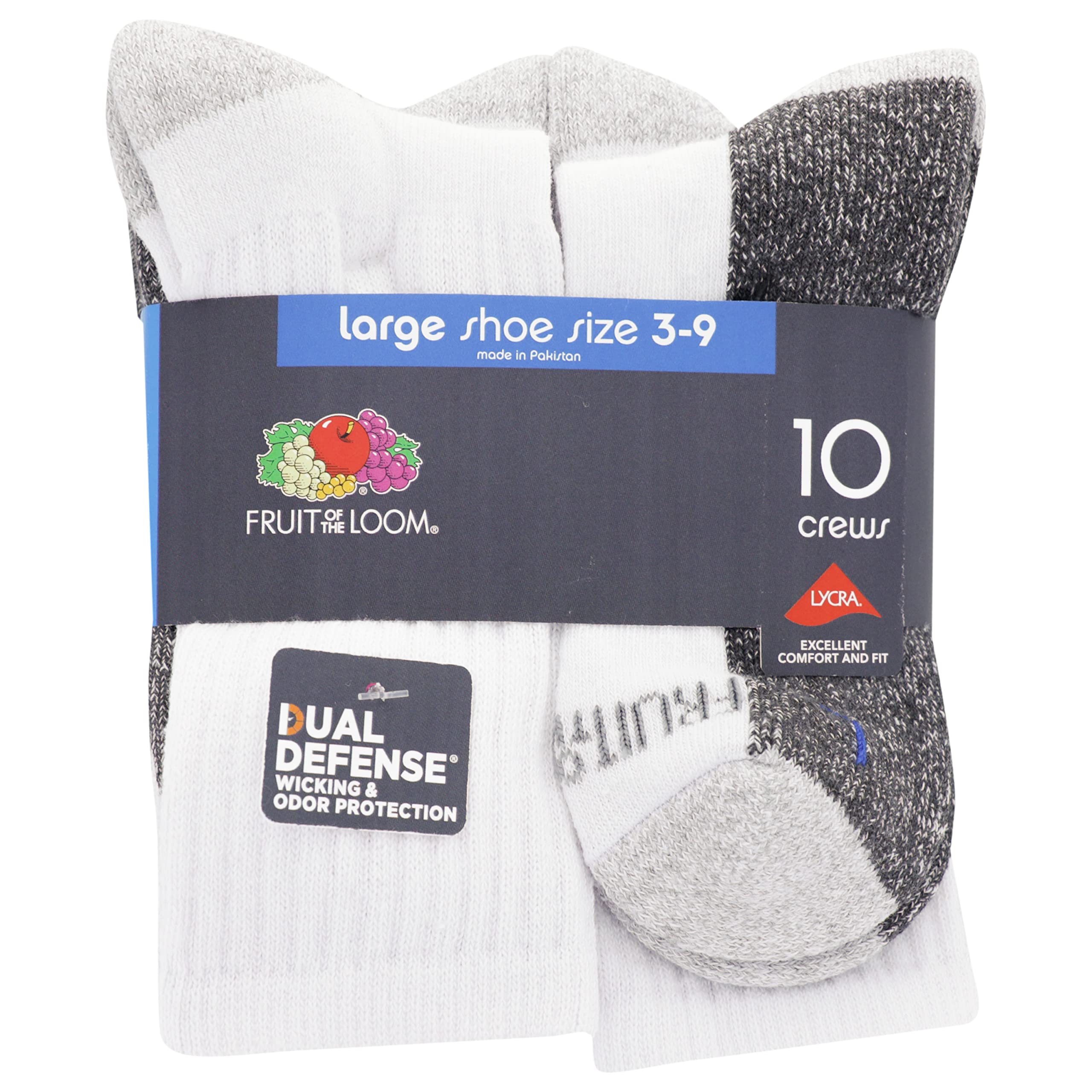 Fruit of the Loom Boys' 10 Pair Pack Dual Defense Cushioned Comfort Socks, White, Large