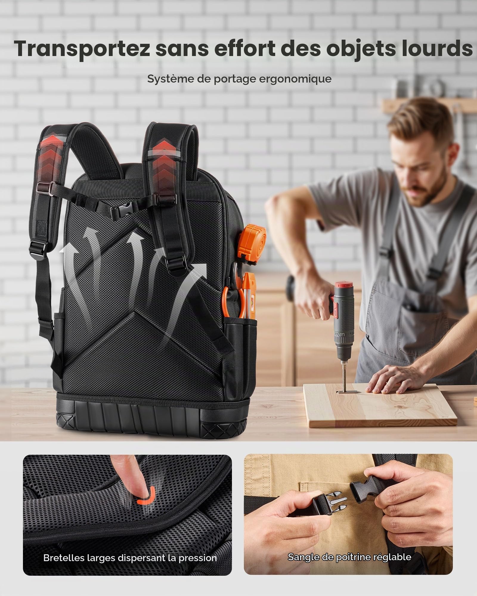 VEVOR Sac à Dos à Outils, Charge 31,75 kg, Sac à Outils 37x19,5x52 cm avec 65 Poches, Compartiment Ordinateur Portable, Base, Organisateur à Outil Robuste pour Chantier, Électricien, Réparateur CVC