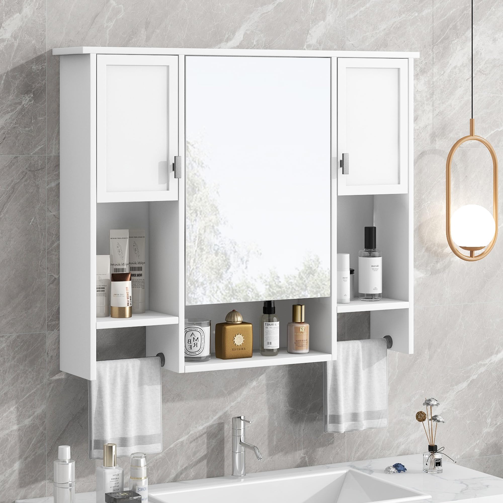 Merax Wall Mount Bathroom Cabinet with Mirror, Open Shelf, and Towel Bar, 35